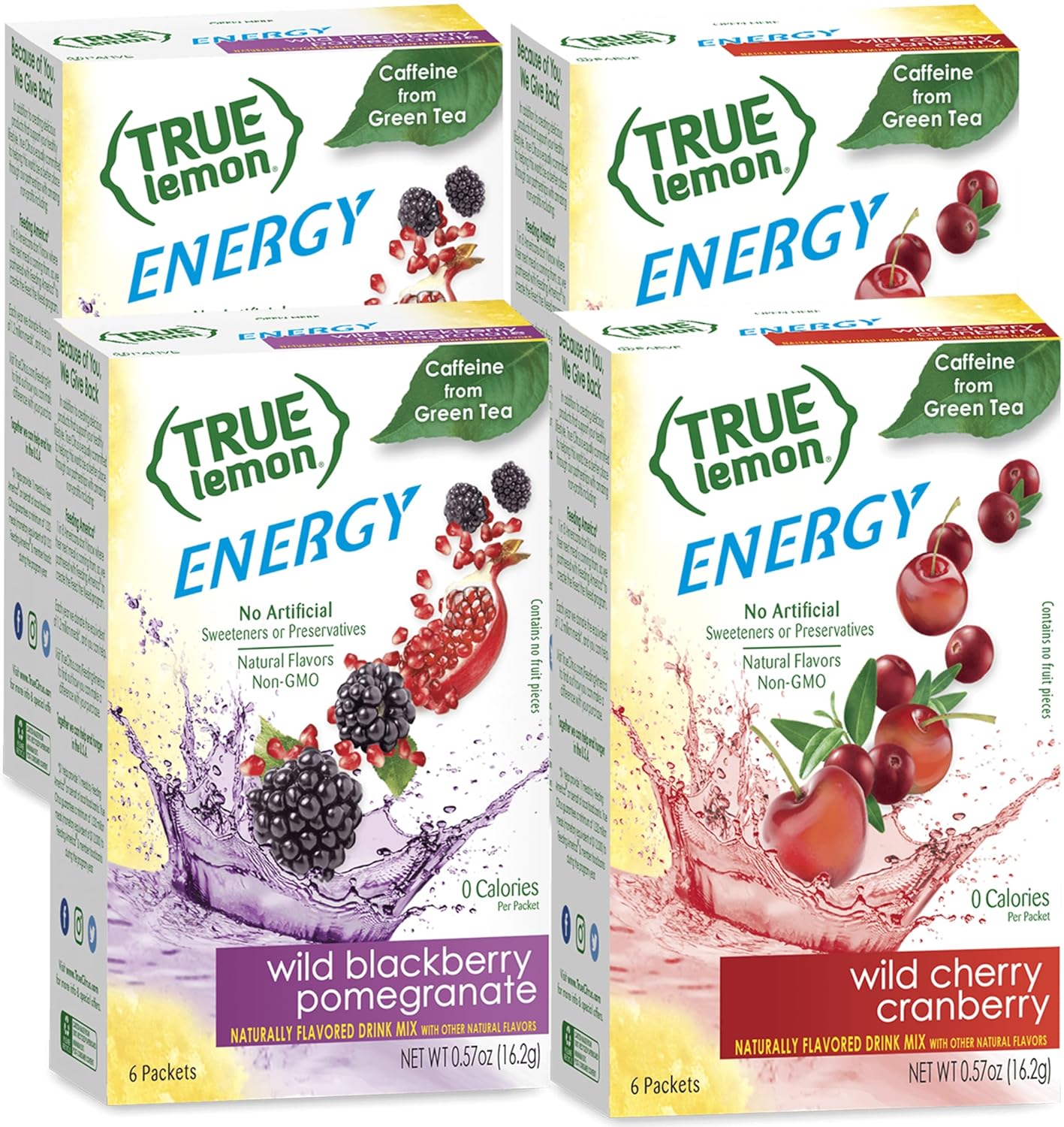 True Lemon (Energy Drinks) Wild Cherry Cranberry & Wild Blackberry Pomegranate 2 boxes EACH flavor (4 boxes total), 24ct instant powdered drink mix packets total, by True Citrus, 2.7 Gram (Pack of 24)