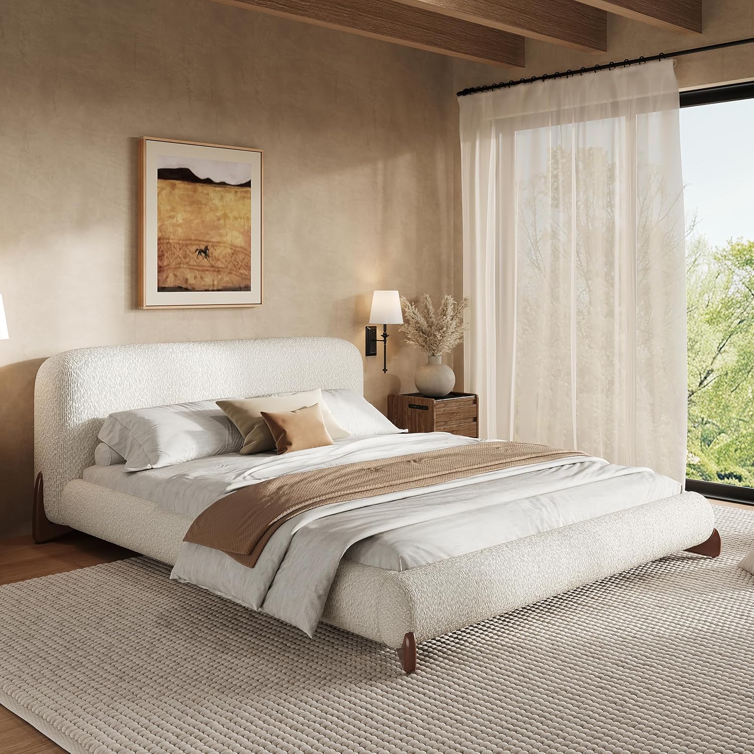 Upholstered Platform Bed with Boucle Thick Headboard, Solid Wood Legs, Queen Size, White