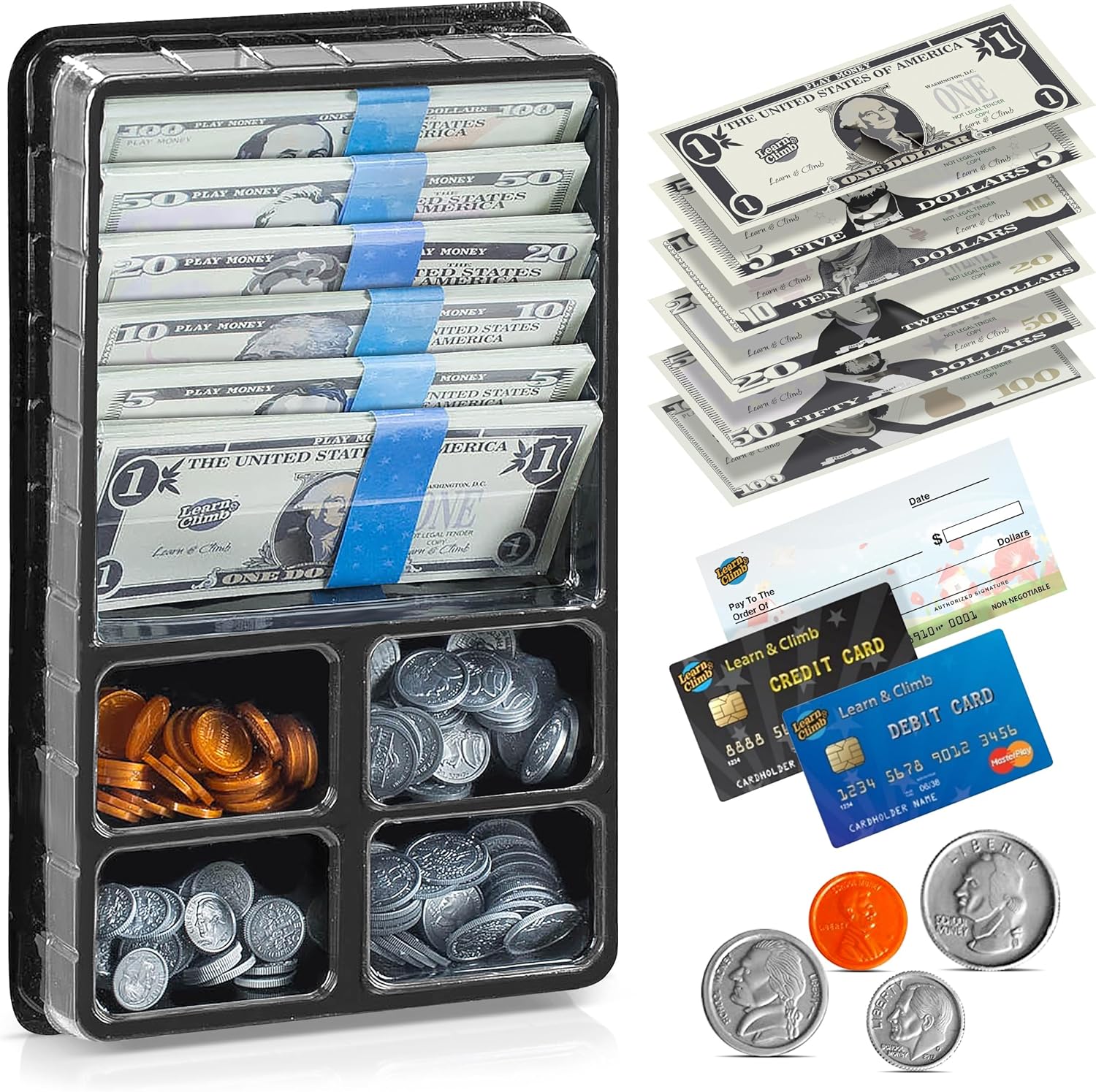 Play Money Set for Kids, Fake Pretend Cash – Looks Real, Best Toy Currency for Fun and Learning – Kit Includes: Bills, Coins, Credit Card, and Checkbook