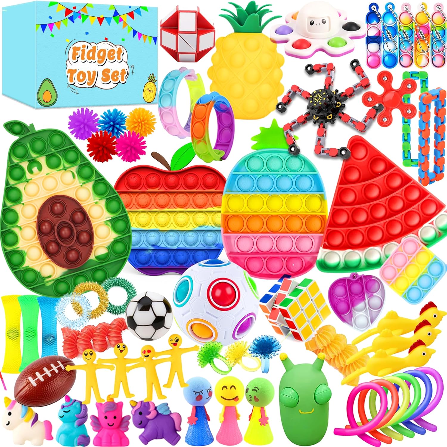 Fidget Toy Set, 62PCS With Box Fidget Toys Pack, Sensory Anxiety Decompression Toys for Autism ADHD, Fidget Toys In Rainbow Ball, Green Bug Toy Relaxing for Adults Kids Birthday Party Gift