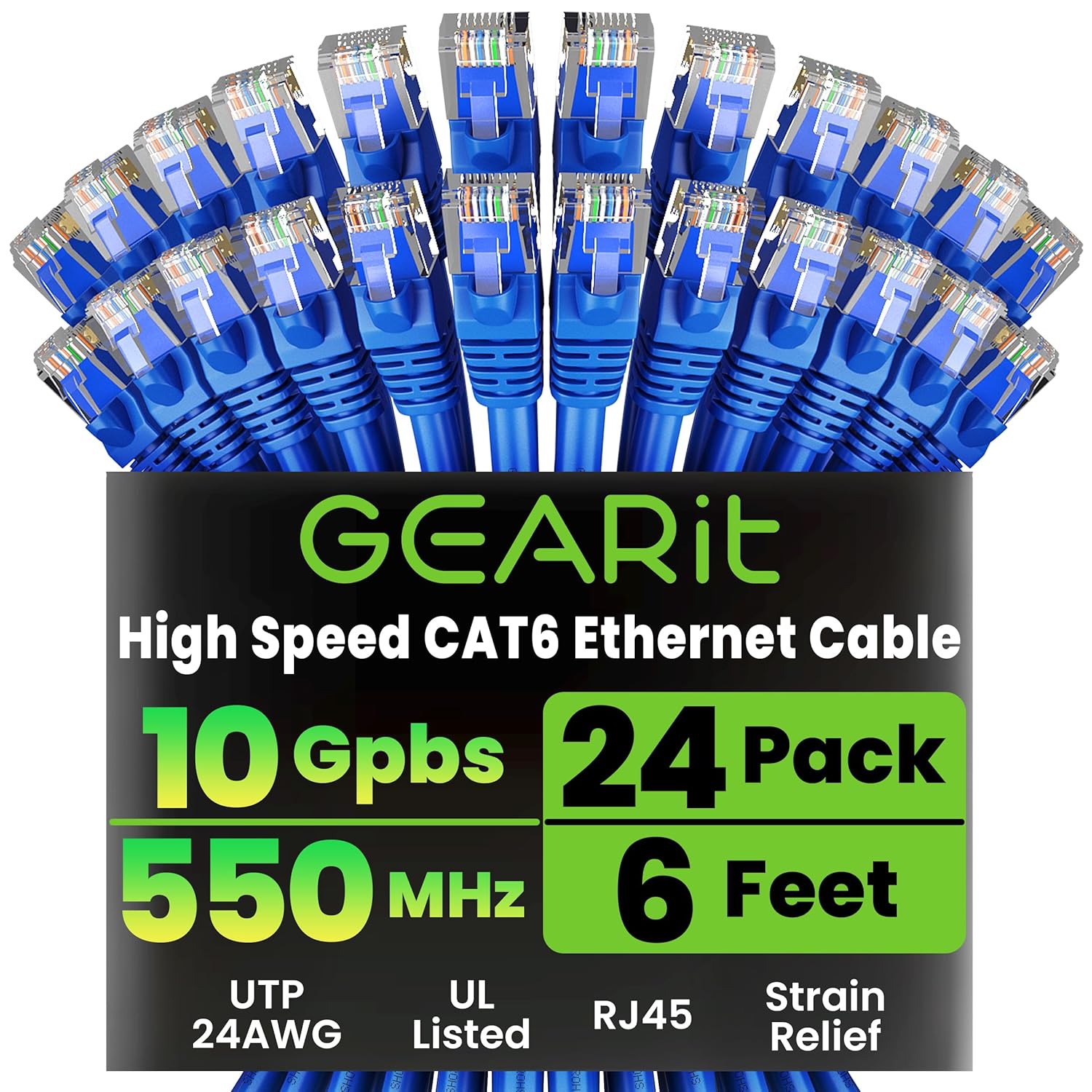 GEARit Cat 6 Ethernet Cable Pack - 24-Pack 6 ft Cat6 Ethernet Patch Cables | RJ45 Network Patch Cable, 10 Gbps Snagless Gold-Plated Connectors - Ethernet Cable Cat 6 for PC, TV, Router - Blue