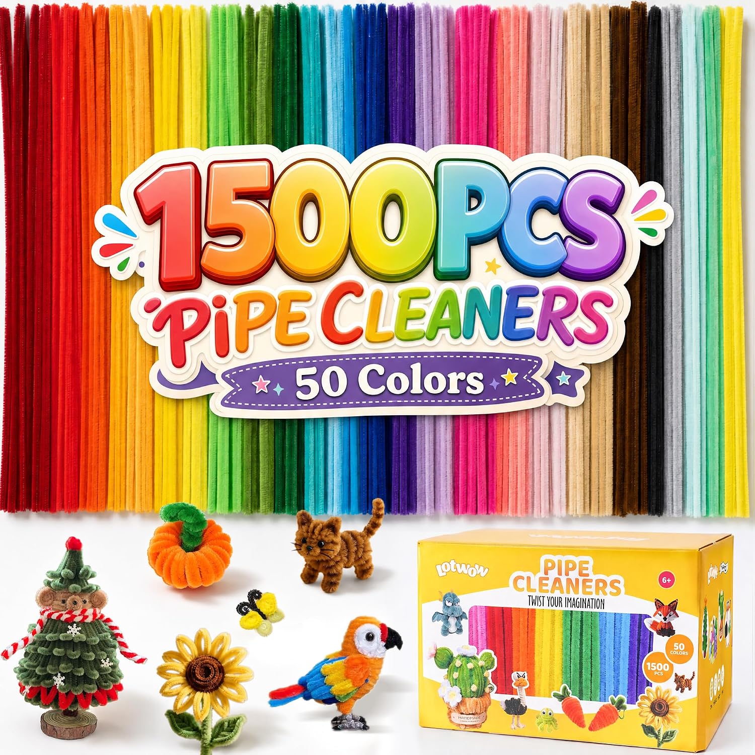 1500PCS Pipe Cleaners Bulk, 50 Colors Thick Pipe Cleaners for DIY Projects | Multicolored Chenille Stems Art Supplie for School Projects Home Arts and Crafts Decor Creative Gifts (12inch*8mm)