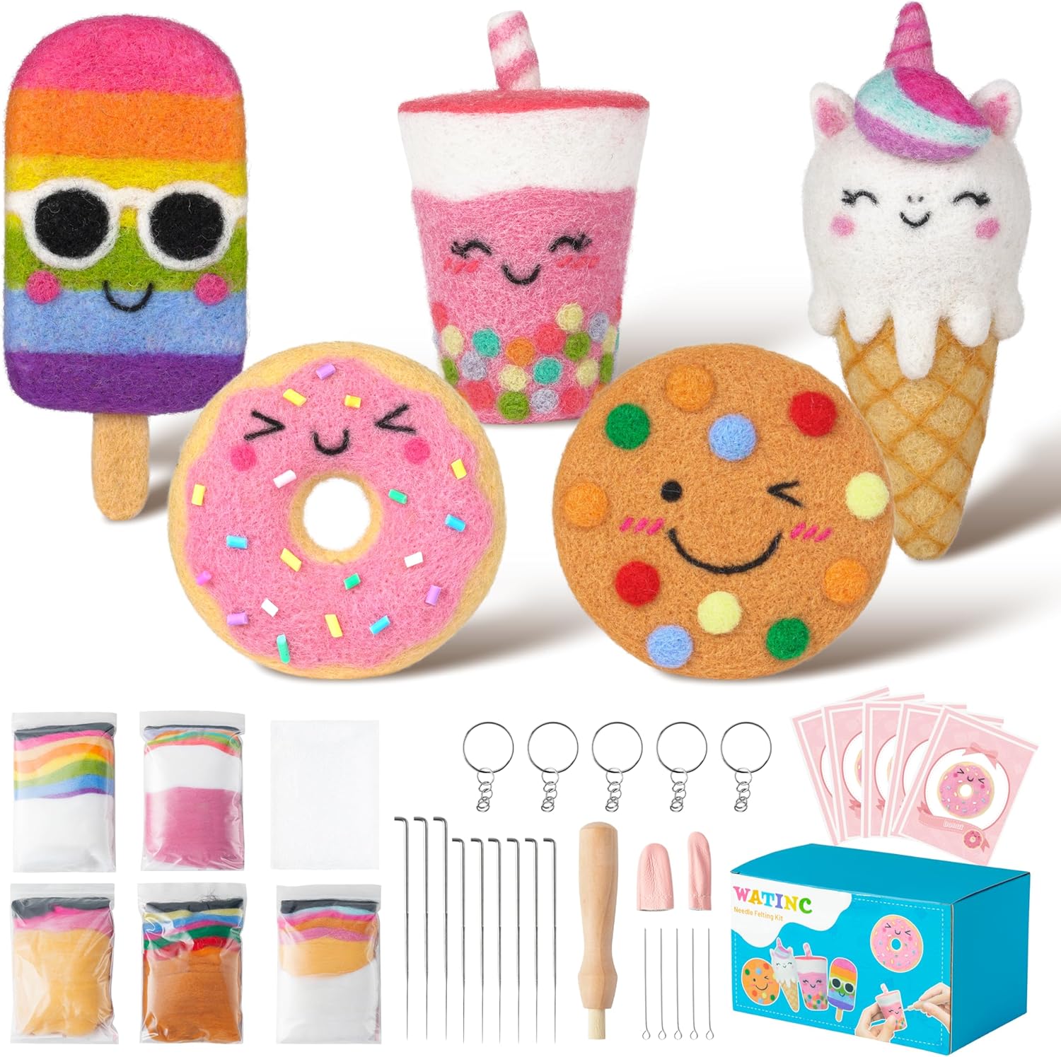 WATINC Needle Felting Starter Kit - Cute Cookie Ice-Cream Donut Milk Tea Doll Wool Felt Needle Felting Tools Foam Pad, DIY Home Decoration Needle Felting Craft Party Supplies for Beginners
