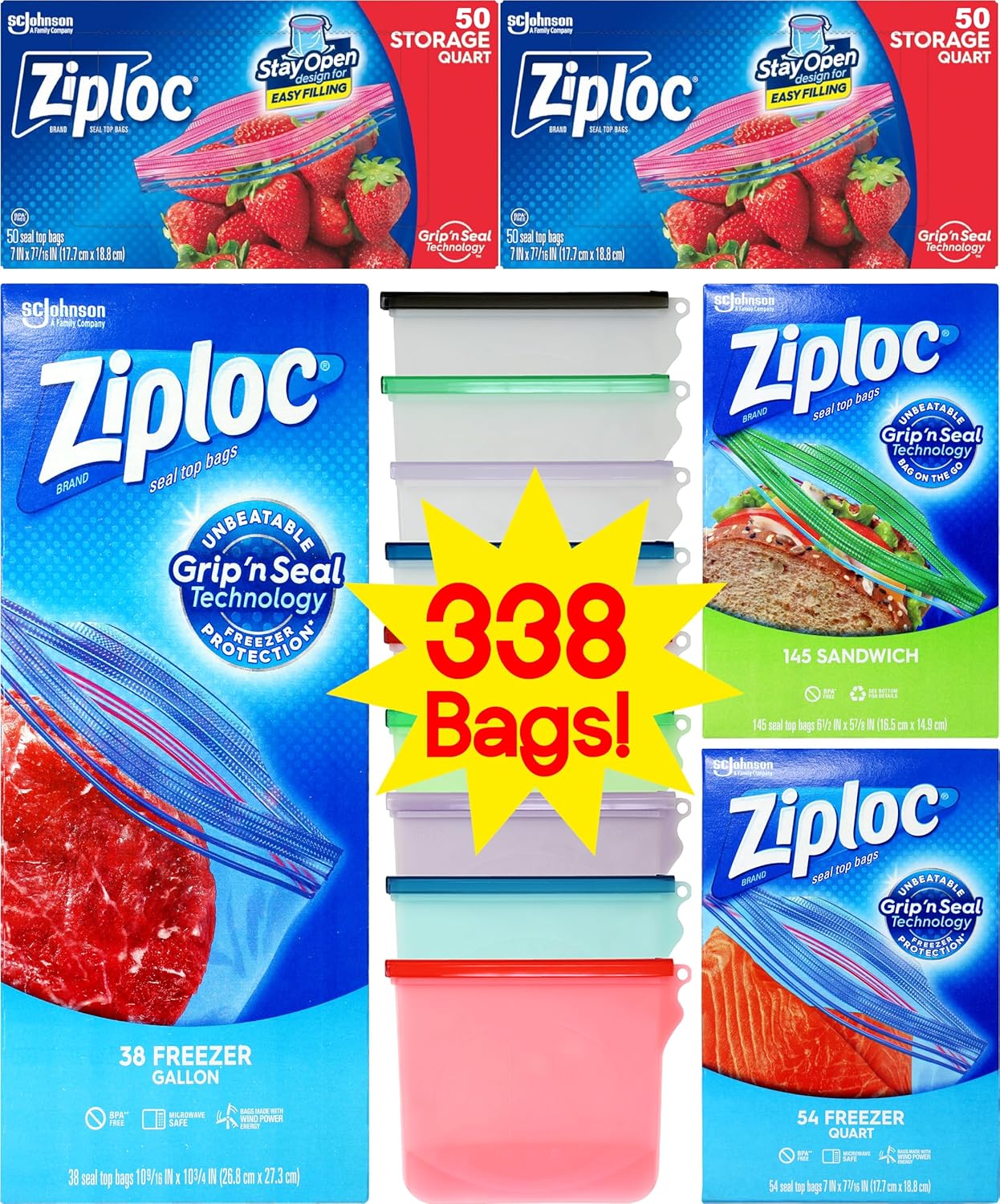 Niro Assortment | Storage Bag 5-Pack Variety Kit | 54 Freezer Quart | 38 Freezer Gallon | 100 Storage Quart | 145 Sandwich Bags | and 1 Silicone Reusable Bag 388 Total Package Quantity