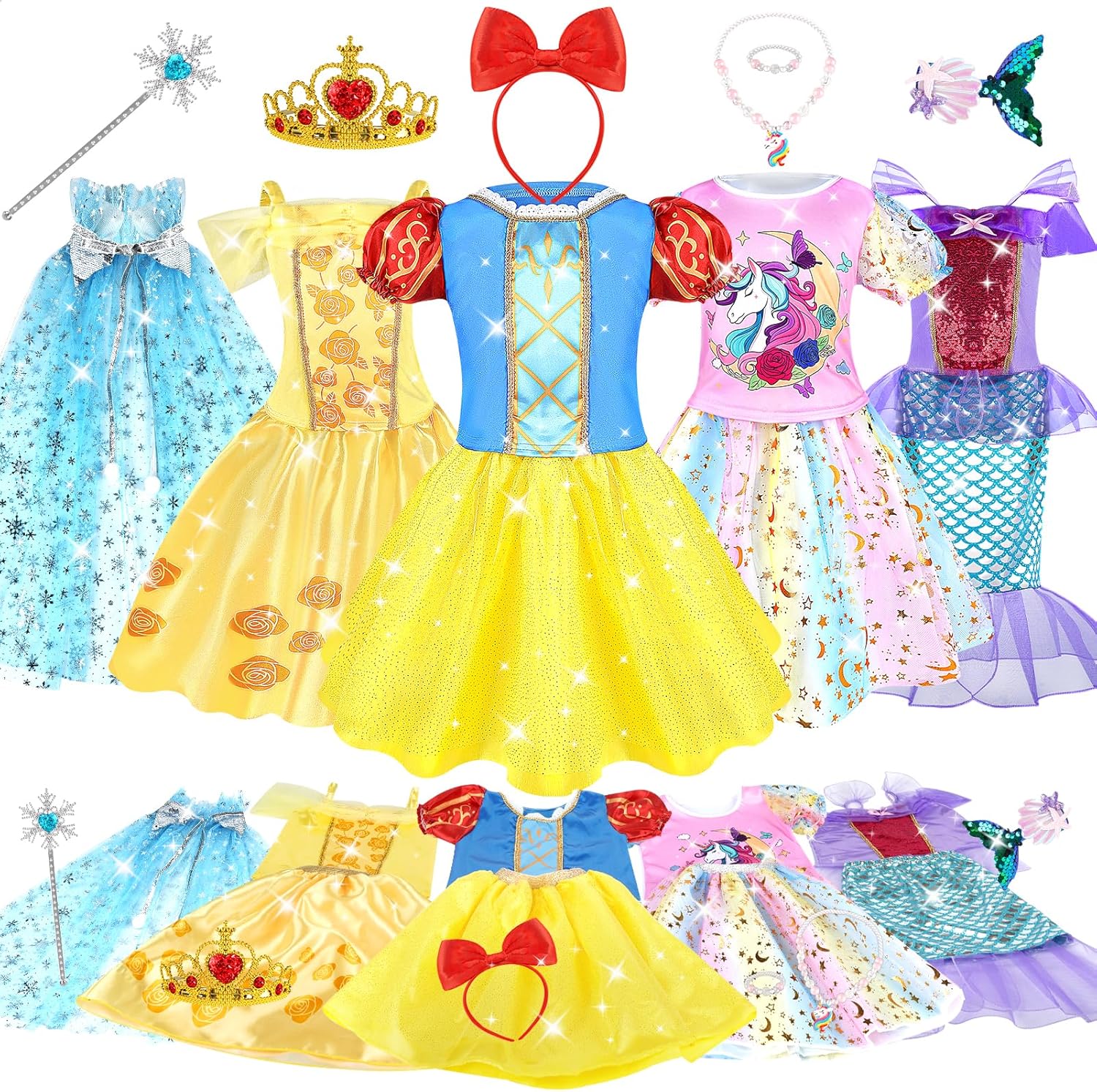 INSPIMYST Princess Costumes for Girls, Princess Dress Up for Kids - 5 Sets - Fancy Dress Toddler Clothes Toys with Scepter Crown Jewelries Hairpin for 3 4 5 6 Aged Girls Birthday Carnival Gift