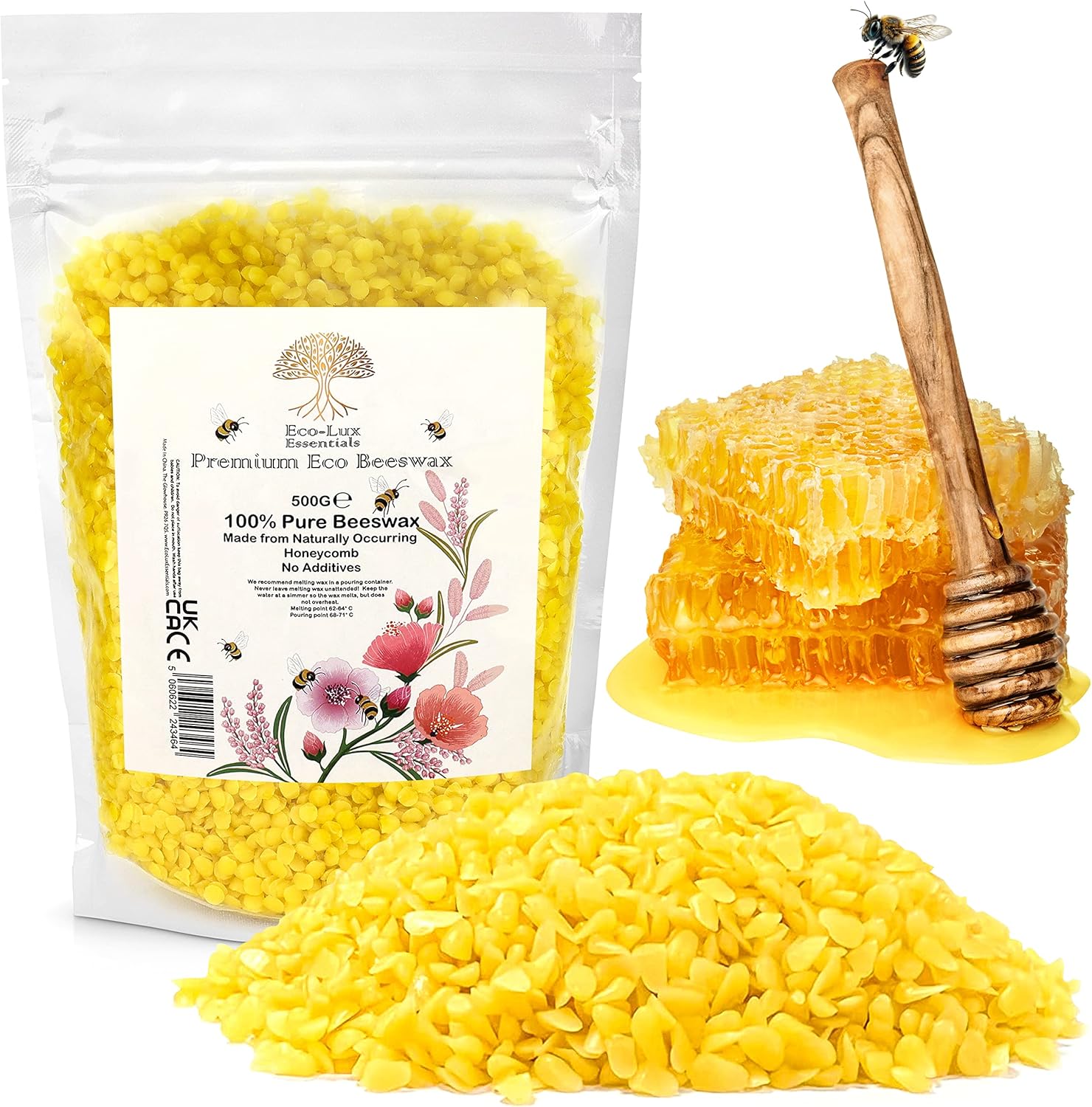 Eco Lux UK 500g Premium Bees Wax Golden Yellow Pellets for Candle Making, Natural Organic Beeswax Cosmetic Grade for Skin, Body, Lip Balm and Soap Making Supplies No additives Harmless and Pure (500g)