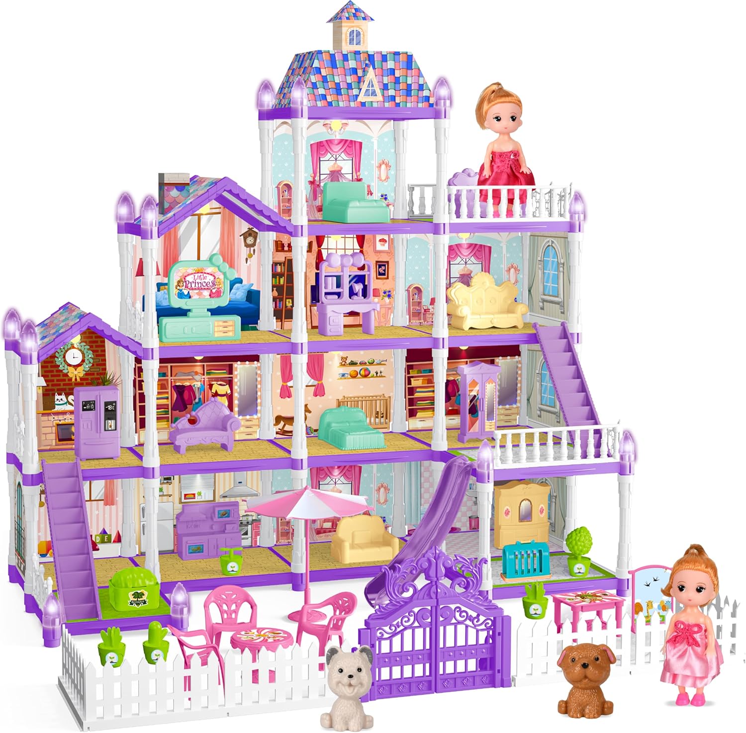Doll House for Girls ,13 Rooms Doll House with 2 Dolls, Lights, Puppies ,Furnitures, Accessories, Toddler Playhouse Gift for for 3 4 5 6 7 8 9 10 Year Old Girls Toys ( Purple)