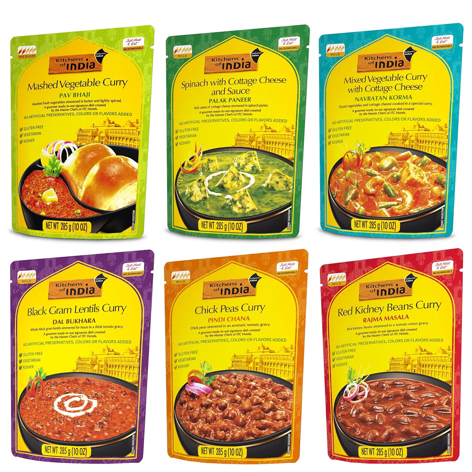 Kitchens of India Ready To Eat Dinner Variety Pack of 6 - 10 Ounces, Authentic Vegetarian Indian Food, Gluten-Free