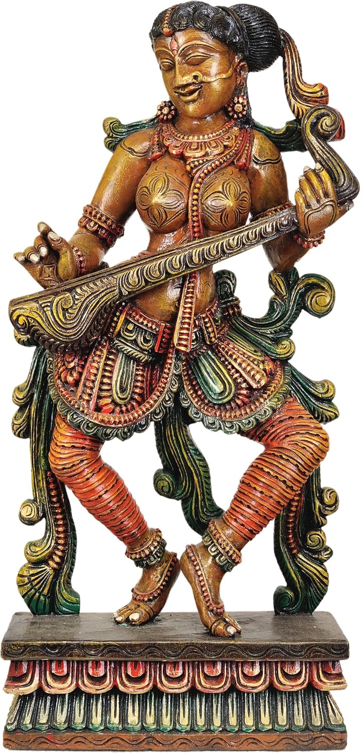 Exotic India The Solitary Apsara Strumming Her Veena, Wood, Multicolor, 34.5 Inch Height