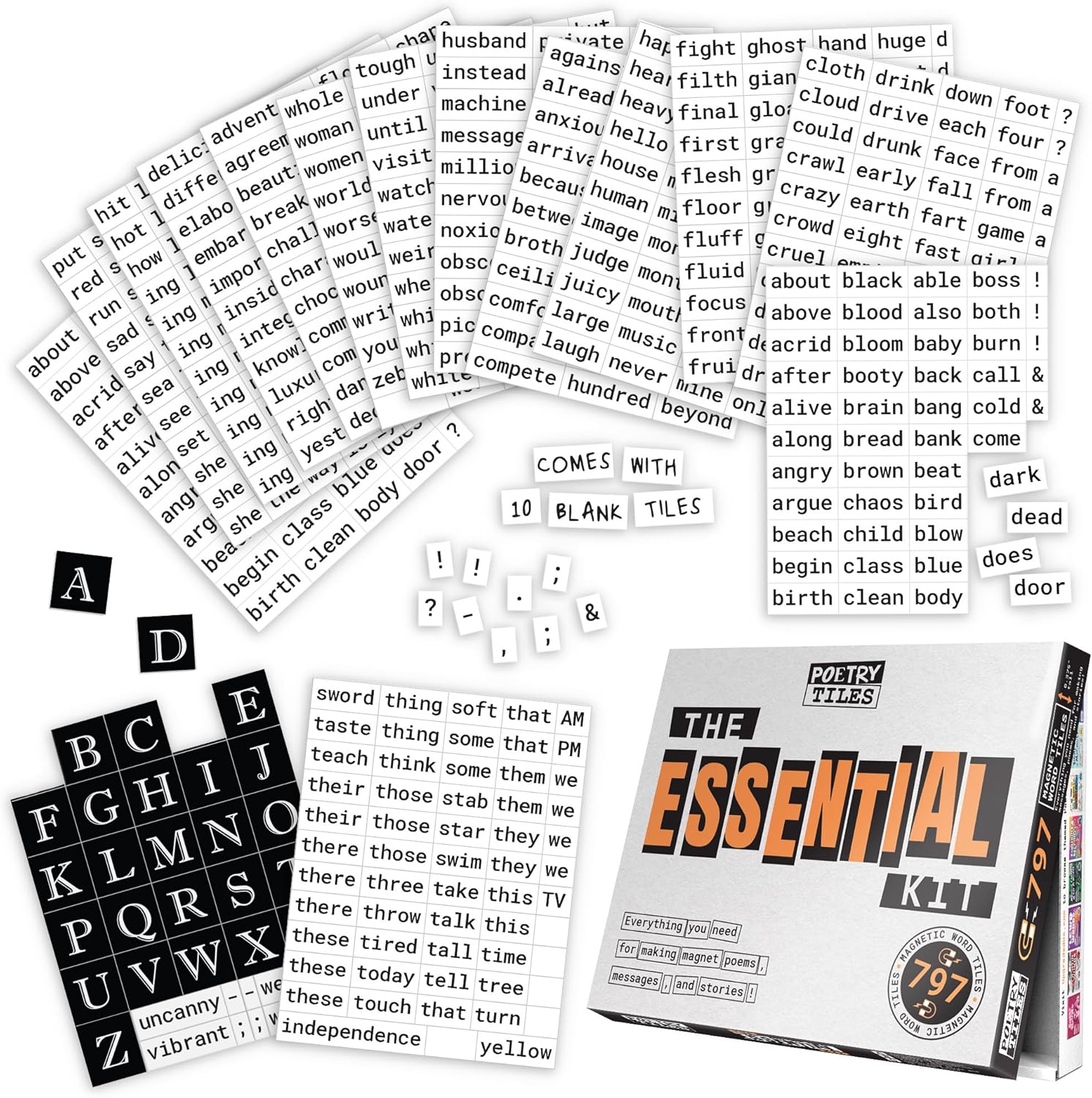 Poetry Tiles Essential Kit – 797 Word Magnets for Fridge Poems and Silly Magnetic Messages – Get Creative, Express Yourself, and Make Others Laugh at Your Witty Words – .375" Tall Tiles