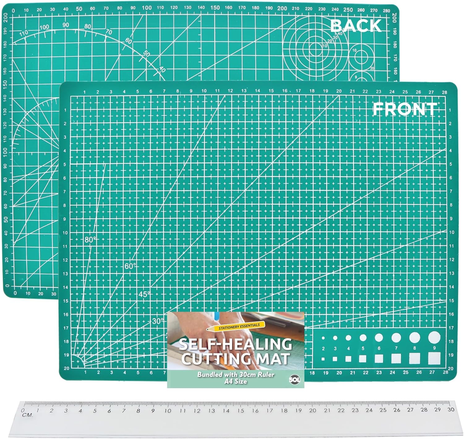 SOL 1pk A4 Self-Healing Cutting Mat with 30cm Ruler – 21x30cm Non-Slip Craft Mat for Sewing, Quilting, Precision Cutting and DIY Projects