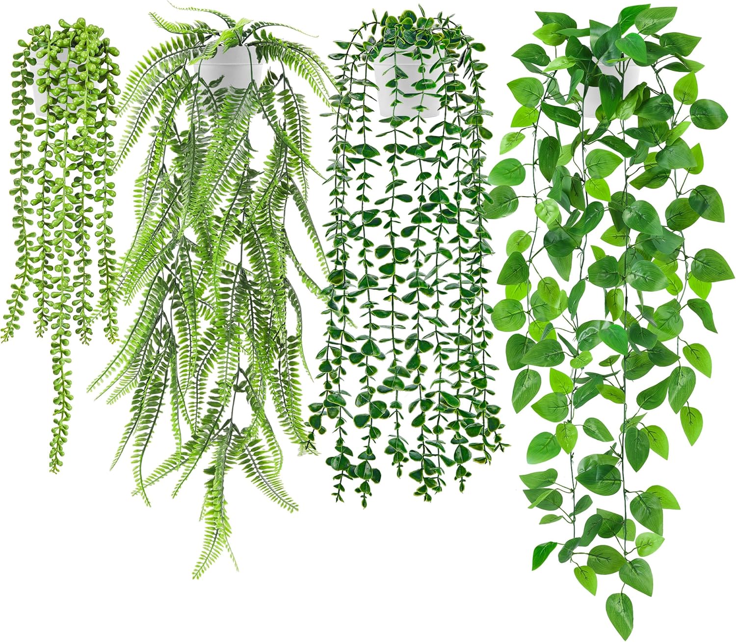 Der Rose 4 Pack Fake Plants Hanging with Pots Artificial Ivy Vine Faux Eucalyptus Hanging Plant, Boston Fern, String of Pearls for Home Room Wall Shelf Indoor Outdoor Decor(White Pots)