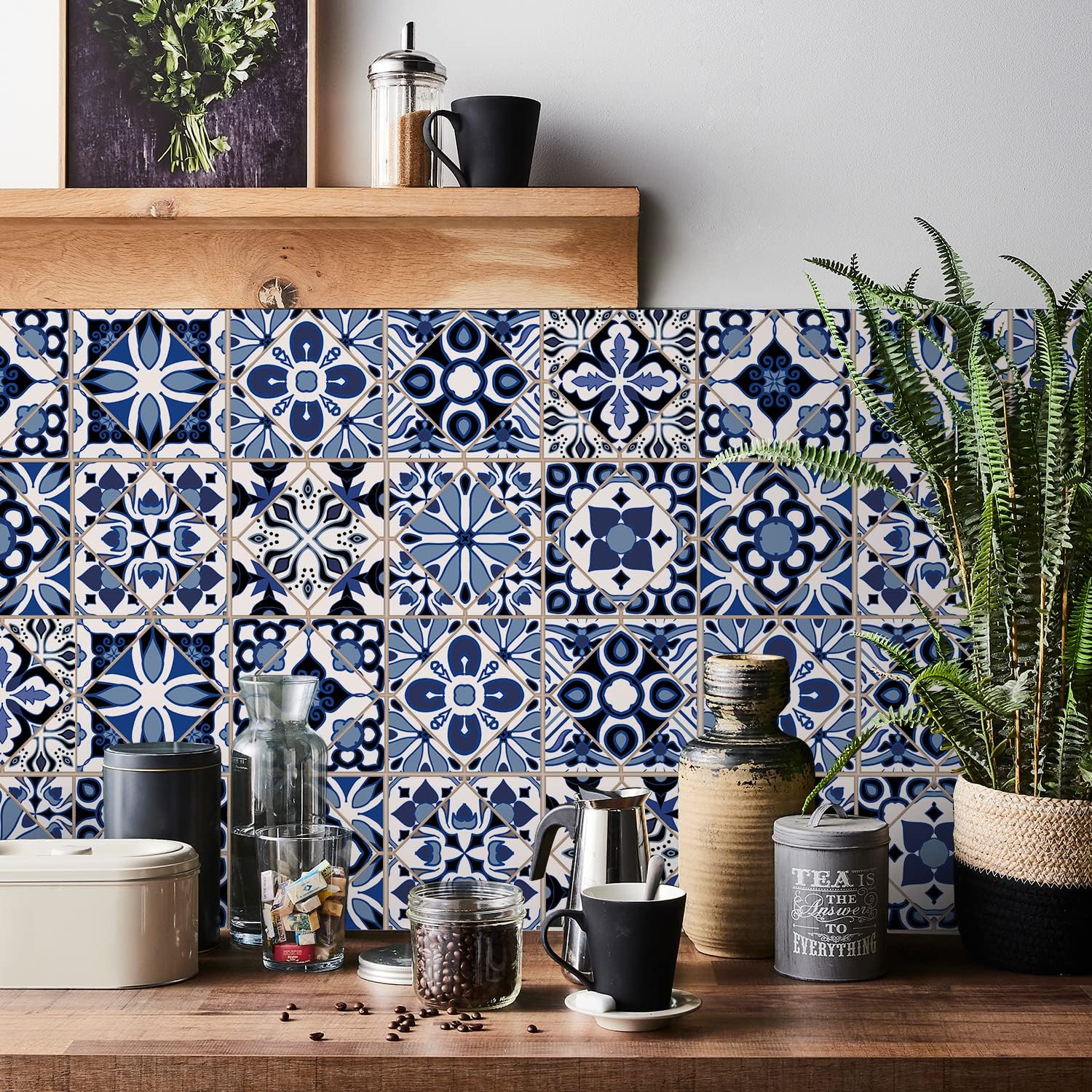 HORIWE Tile Stickers Vintage Blue Moroccan Wall Decal Sticker Adhesive Tile Art DIY Kitchen Bathroom Backsplash Floor Home Decor PVC Waterproof Oil Proof New 8x8 Inches 24pc