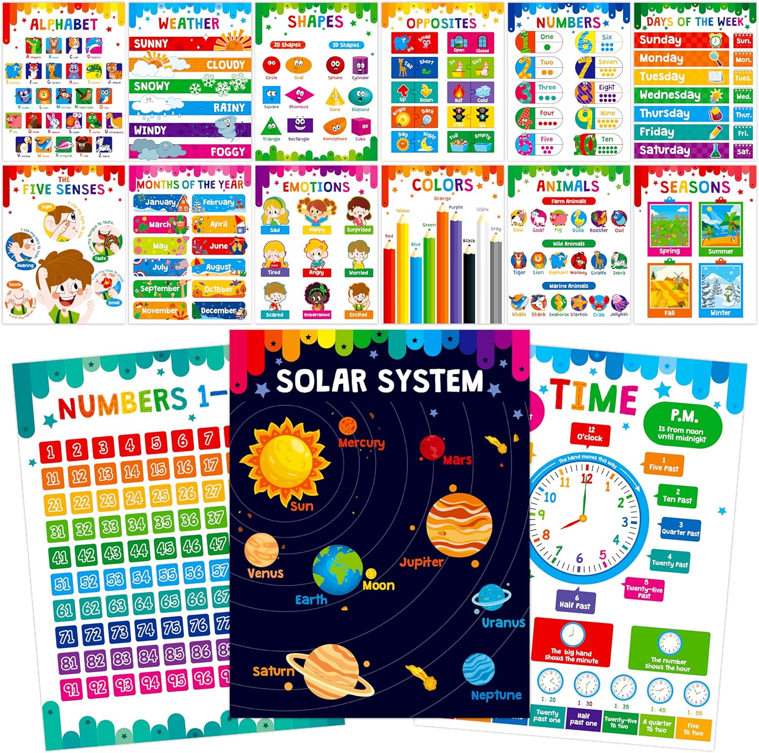 15 Packs Educational Poster, Thick Early Learning Posters Waterproof & Tear Proof with PET Film, Alphabet/Animals/Opposites/Emotions/Numbers Posters for Kindergarten Preschool Toddlers (14.5”x11”)