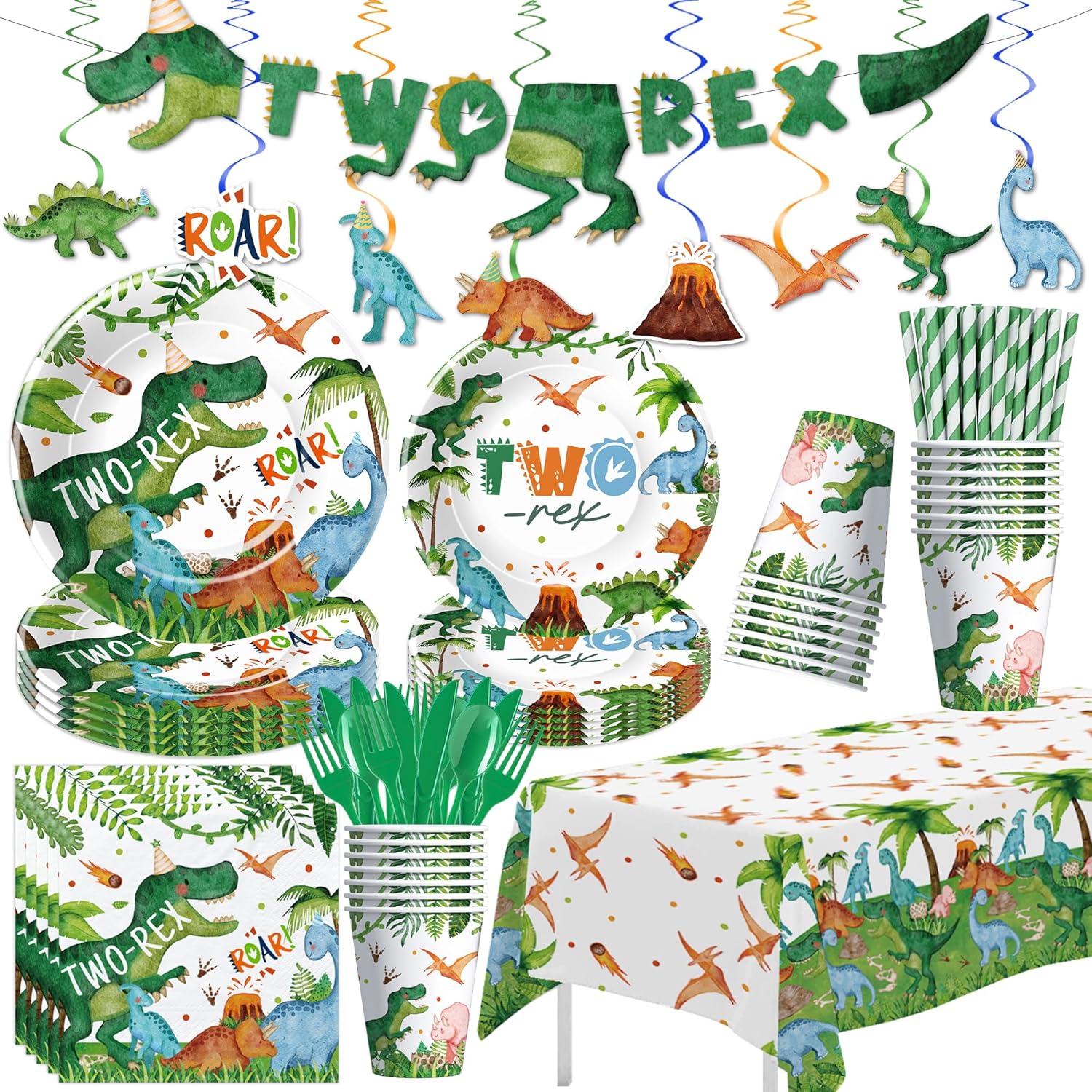 Dinosaur 2nd Birthday Party Supplies For Boy, Dino Two Rex Birthday Decorations, Disposable Paper Plates, Cups, Napkins, Tablecloth, Cutlery, Swirls, Banner, Serves 24