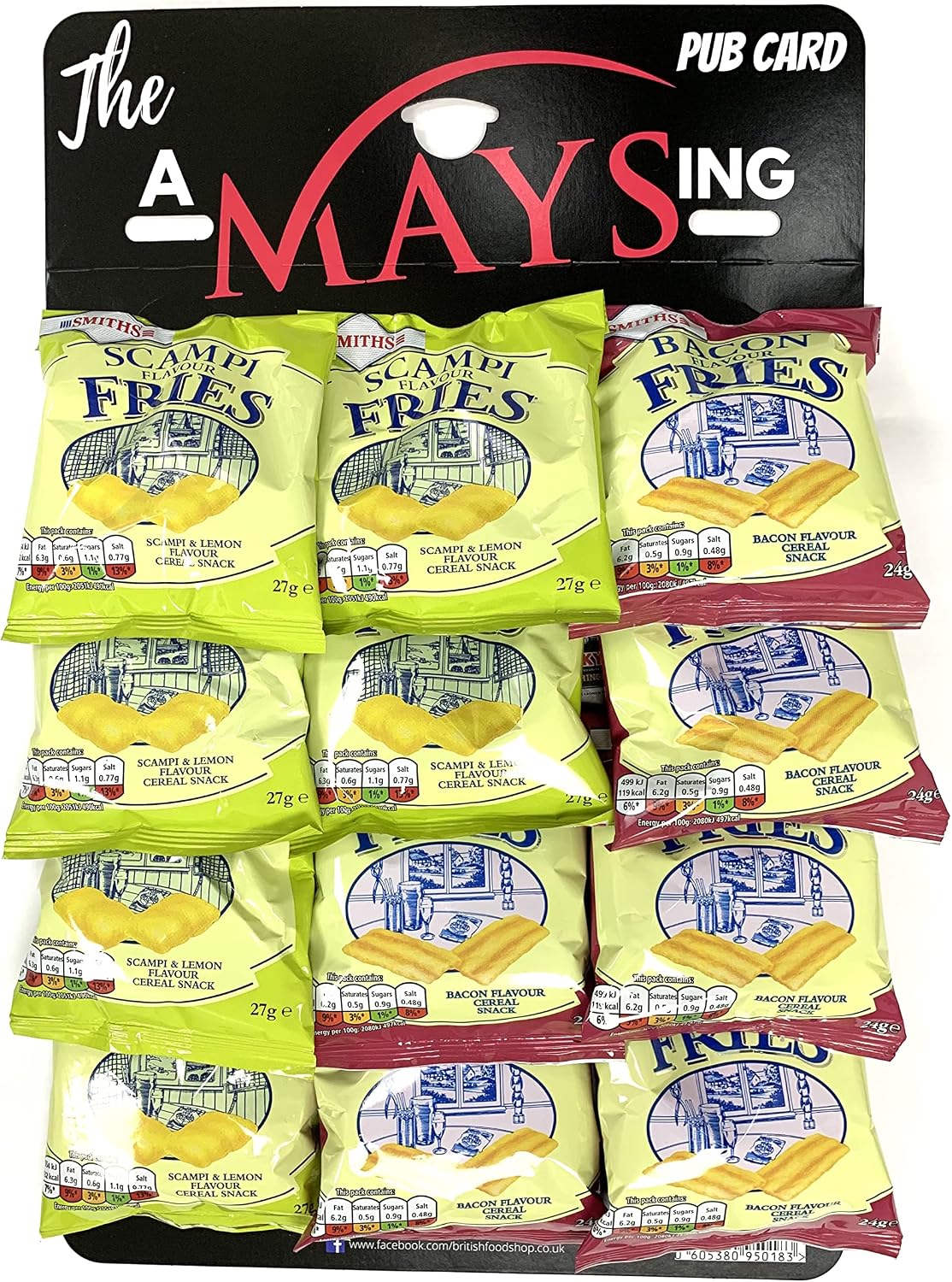 British Food Shop Smiths Bacon Scampi Fries Bar Snacks on 'The AMaysing' Pub Hanging Card, 12 Count (Pack of 1)