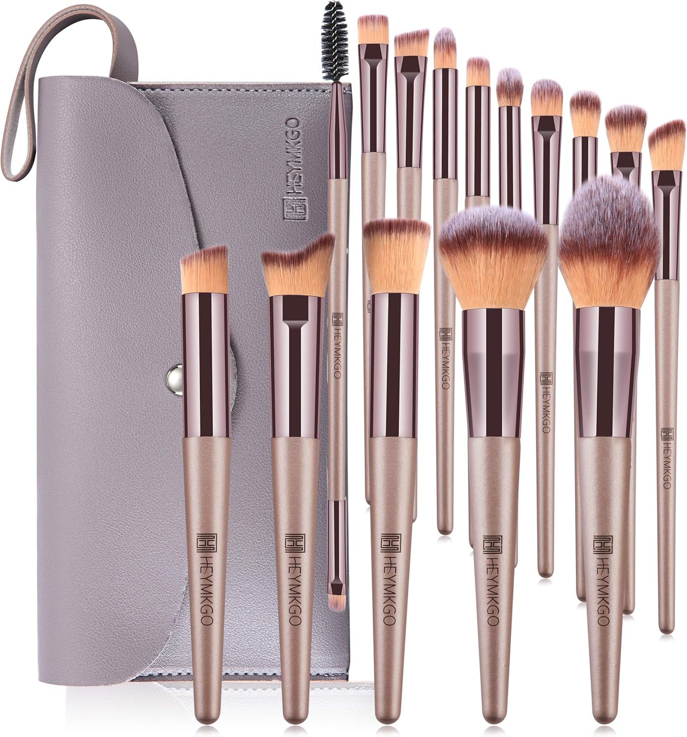 HEYMKGO Makeup Brushes, 15 Pcs Make Up Brushes Set Professional Champagne Gold Makeup Brush Pack, Foundation Blending Powder Blush Concealers Eyeshadow Eyeliner Make-up Brush Kits with Cosmetics Bag