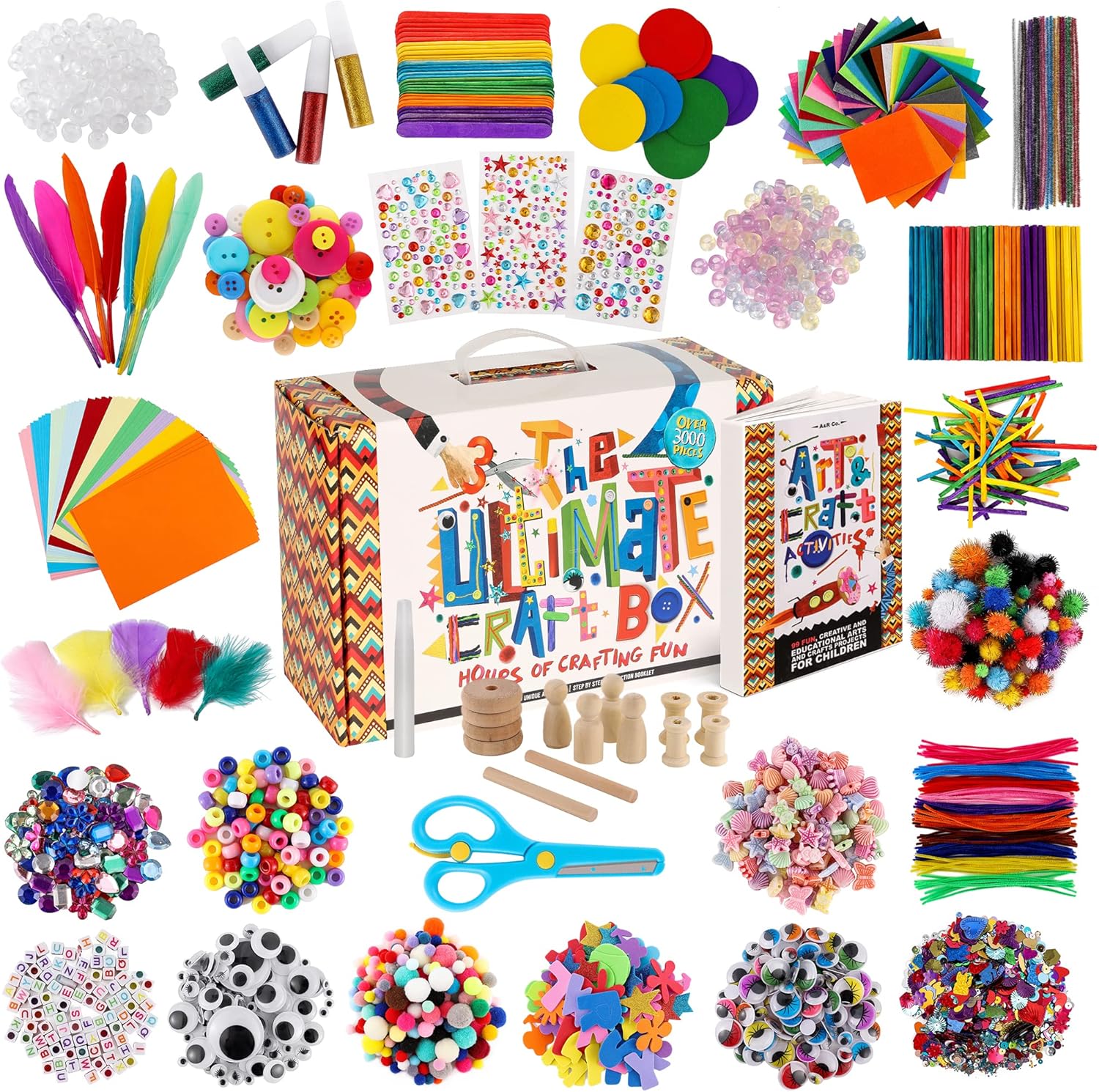 3000+ Pcs Arts and Crafts Supplies & Materials for Kids - Ultimate Bulk Craft Kit for Boys & Girls with 99 Activities Book for Ages 3-5, 4-6, 6-8, 8-12