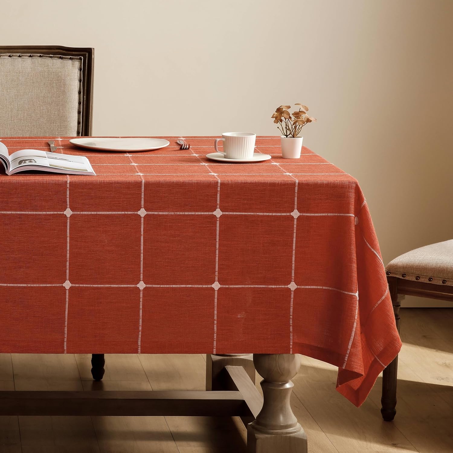 ZeeMart Grid Embroidered Hemmed Tablecloths, Orange 52x70 Inch, Farmhouse Style Heavy Weight Cotton Linen Burnt Orange Tablecloths, Boho Plaid Water Resistant Rectangle Table Cloth