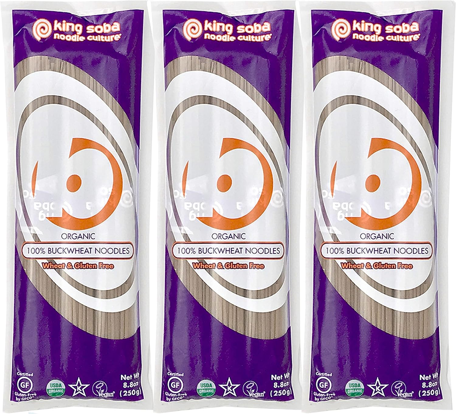 King Soba 3-Pack Gluten Free & Organic 100% Buckwheat Noodles 250g - 3 Servings Per Pack