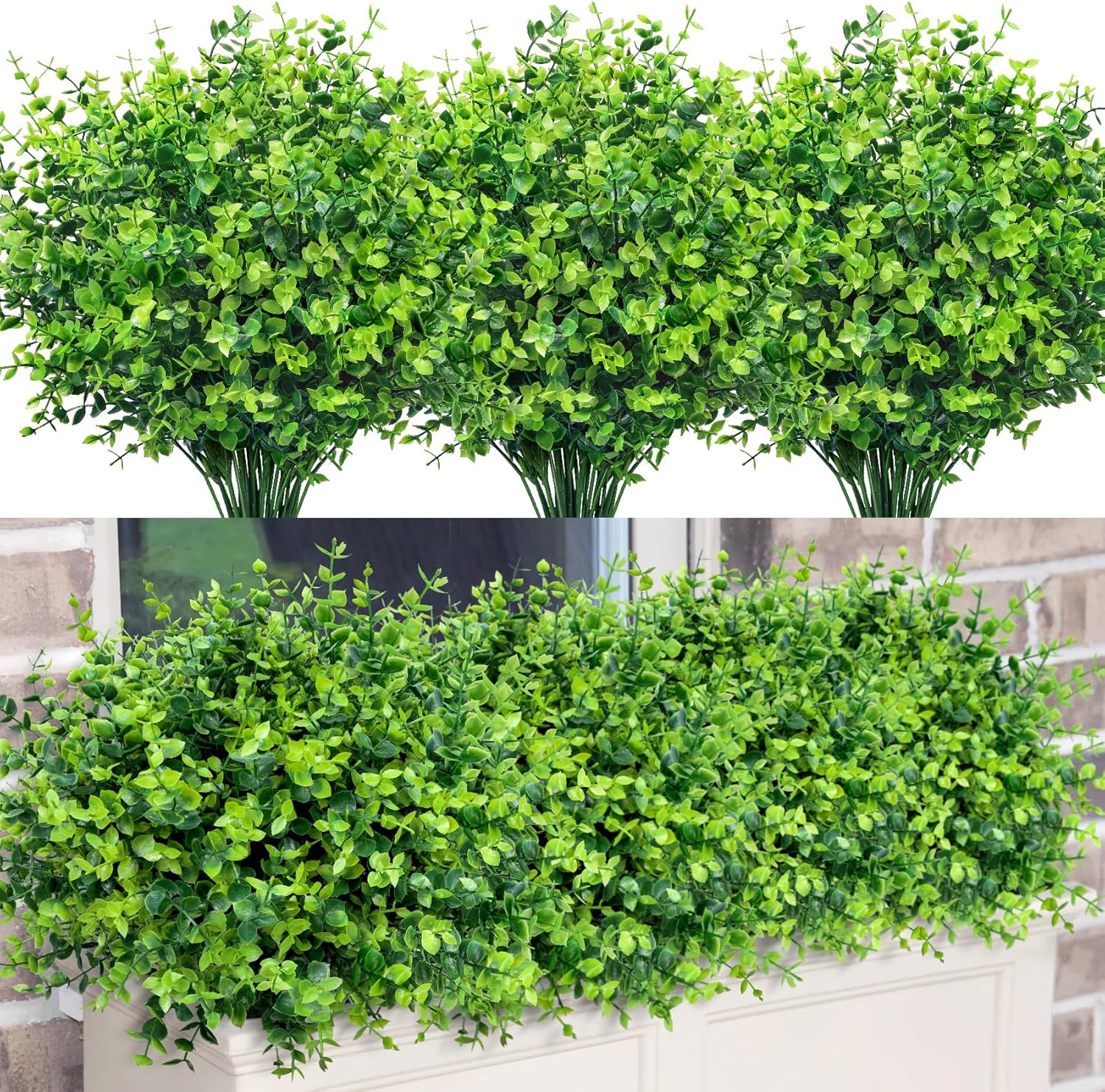 24 Bundles Greenery Artificial Plants Outdoors, Eucalyptus Stems UV Resistant Fake Foliage Plants Faux Boxwood Shrubs Indoor Decorations Artificial Flowers for Garden Pot Porch Fence Hanging Planter