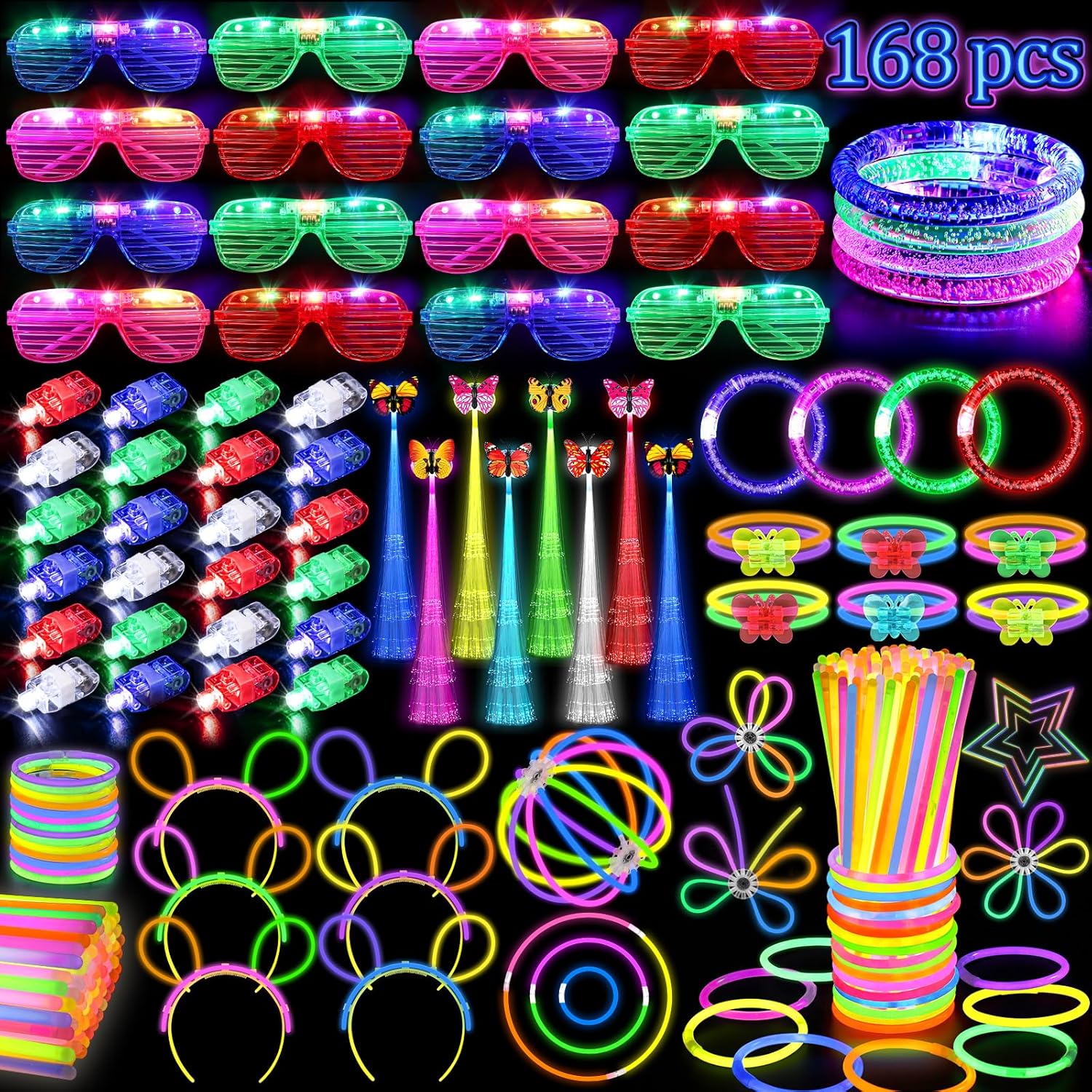 Glow in the Dark Party Supplies for Kids Adults, 168PCS Light Up Party Favors with Light Up Glasses, Hair Clips, Glow Sticks Bulk Party Pack DIY Glow Necklaces Bracelets Headband, Neon Party Supplies