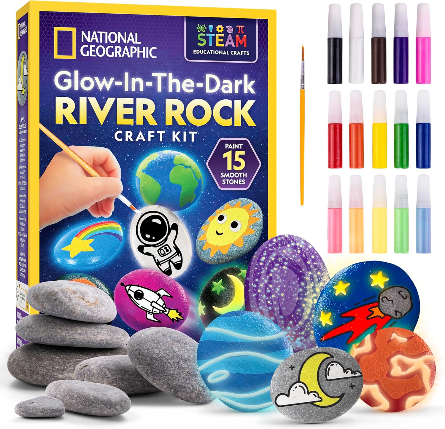 NATIONAL GEOGRAPHIC Glow in the Dark Rock Painting Kit - Arts & Crafts Kit for Kids, Decorate 15 River Rocks with 15 Paint Colors & More Art Supplies, Kids Craft, Art Kit, Kid Activity Kit