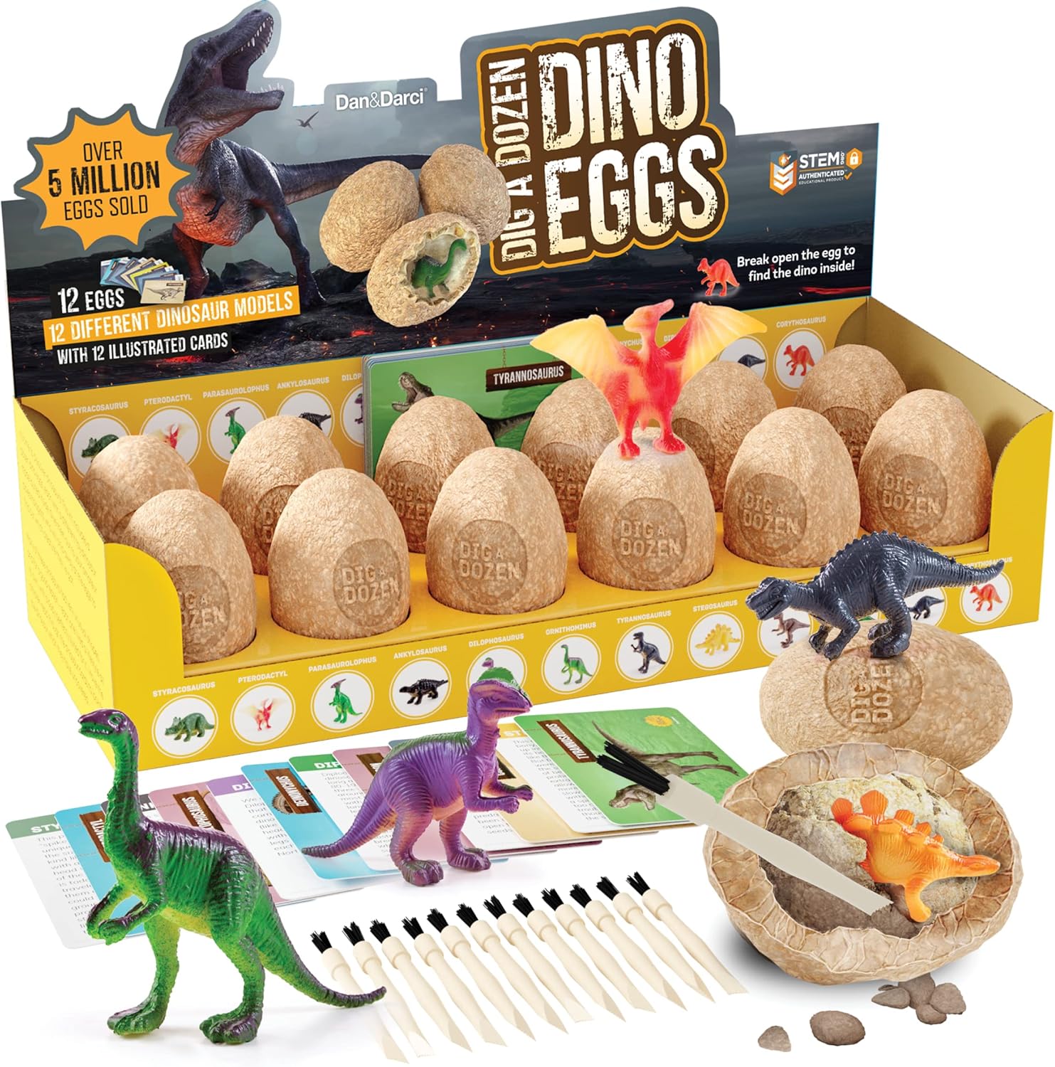Dig a Dozen Dino Eggs Kit - Easter Egg Toys for Kids - Archaeology Science STEM Crafts Gifts for Boys & Girls - Break Open 12 Unique Large Surprise Dinosaur Filled Eggs and Discover 12 Cute Dinosaurs