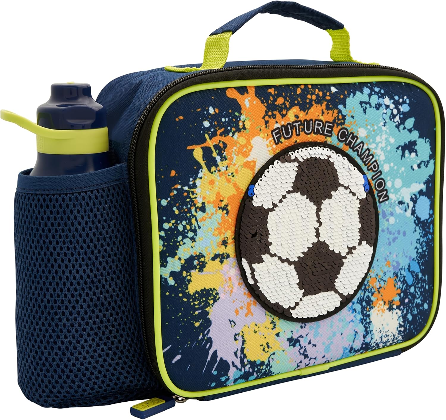 Polar Gear Football Lunch Bag with 400ml Kids Water Bottle Sequin Cooler Combo, Polyester, Multi-Colour