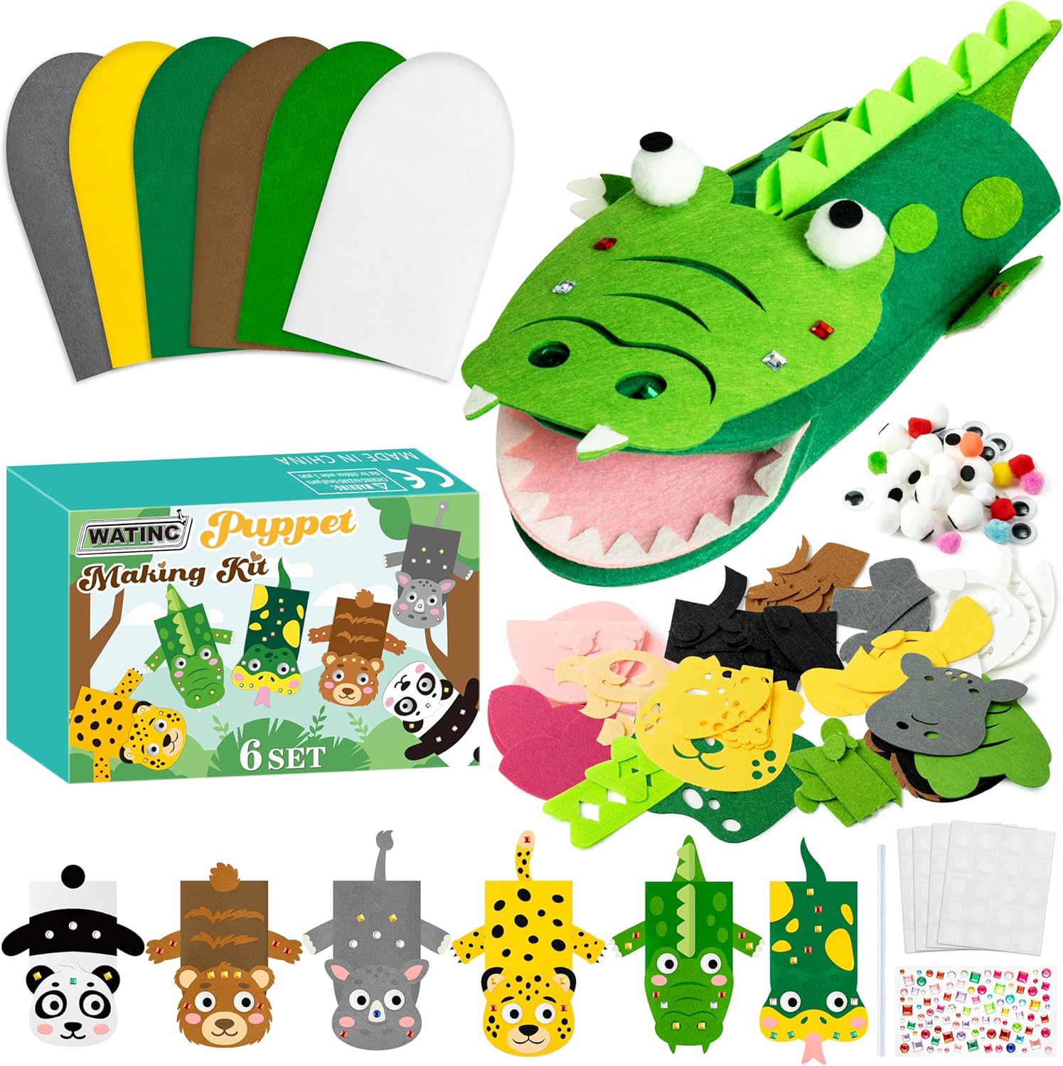 WATINC 6Pcs Hand Puppet Making Kit, Art Craft Felt Sock Puppet Toys, Creative DIY Make Your Own Pompoms Wiggle Googly Eyes Storytelling Role Play Party Supplies Gift for Girls Boys (Wild Animals B)