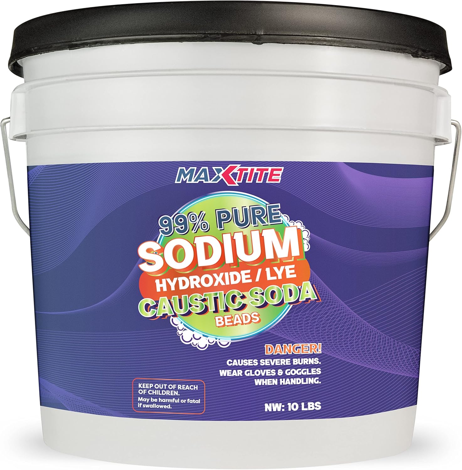 MAXTITE Sodium Hydroxide (Caustic Soda Beads) Lye 99% Pure (10lbs) - Lye Drain Cleaner Opener - Convenient Easy-Open Resealable Pail