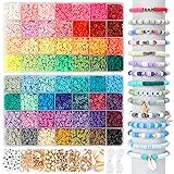 QUEFE 14420pcs Beads for Bracelet Making Kit, 56 Colors Spacer Heishi Beads Flat Round Polymer Clay Beads with Pendant Charms Kits and Elastic Strings