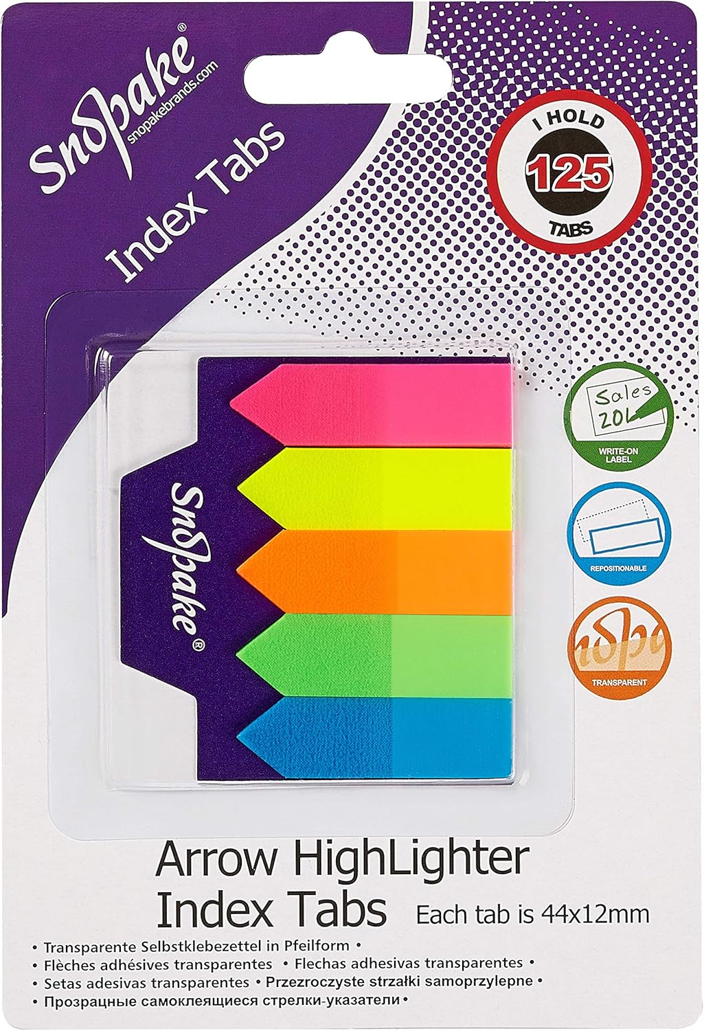 Snopake Transparent Index Tab Arrow Highlighters [ 125 Tabs, 44 x 12mm ] Neon Assorted [13906]