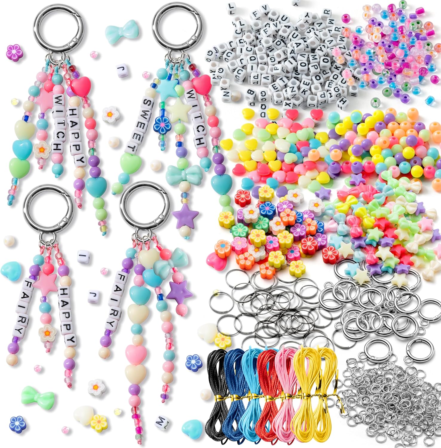 WATINC DIY Keychain Making Crafts Kits, Adjustable Letter Alphabet Beads Strings Keychain Flower Star Bow Shapes Beads Bulk, Bag Charms with Key Ring Supplies Jewelry Accessories Making Kit (942Pcs)