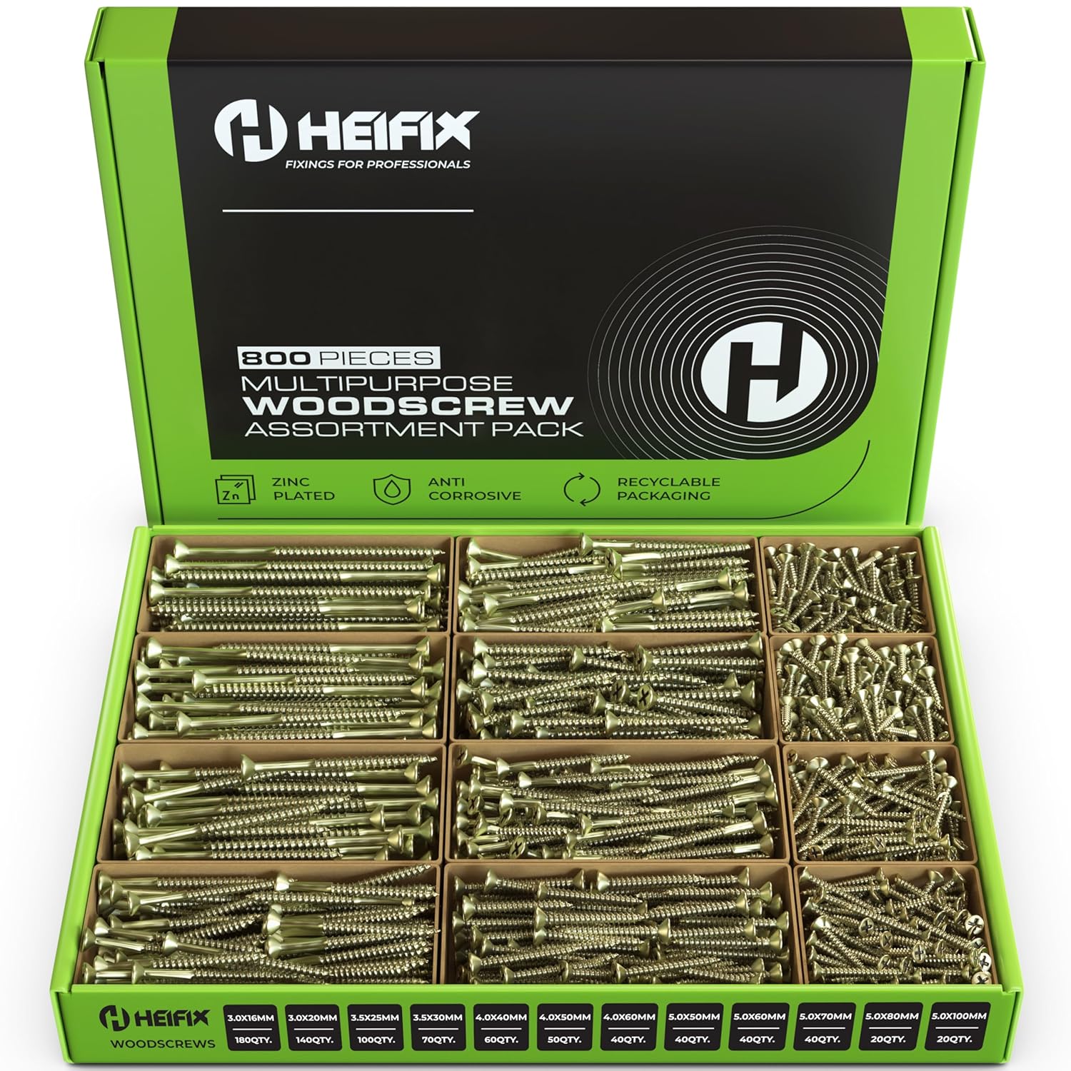 Heifix 800-Piece Wood Screw Assortment Set In Eco Storage Box - FREE Screw Bit Included - Double Countersunk, Pozi, Heavy Duty - For DIY, Floorboard, Wood Fences