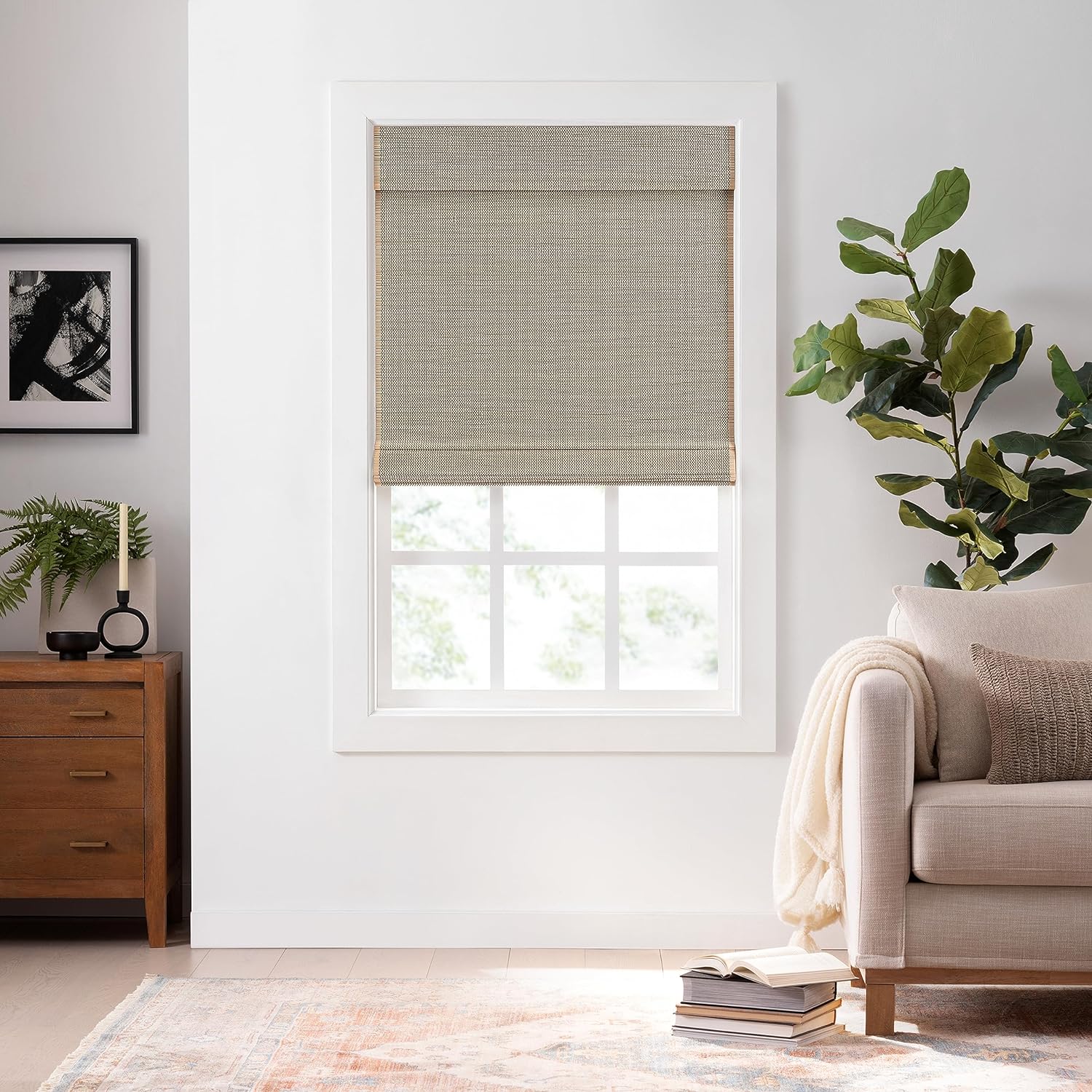 ECLIPSE Bamboo Roman Shades for Windows 60 in Wide x 72 in Long, Semi-Privacy Light-Filtering Cordless Blinds Bedroom, Living Room, Safe for Kids & Pets, Easy Mounting Interior Blinds, Natural/Black