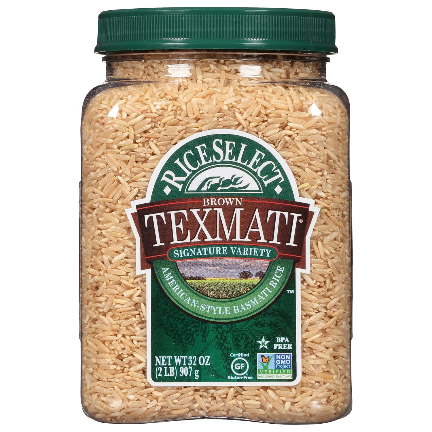 RiceSelect Texmati Brown Rice, Whole-Grain Basmati Rice, Premium Gluten-Free Rice, Non-GMO, Star-K Kosher, 32-Ounce Jar
