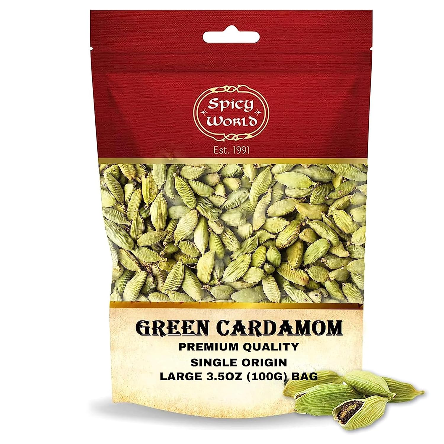 Spicy World Green Cardamom Pods 3.5 Oz - As Seen on Tik Tok - Premium Quality Whole Green Cardamom Pods | Vegan | Large | Aromatic Cardamon