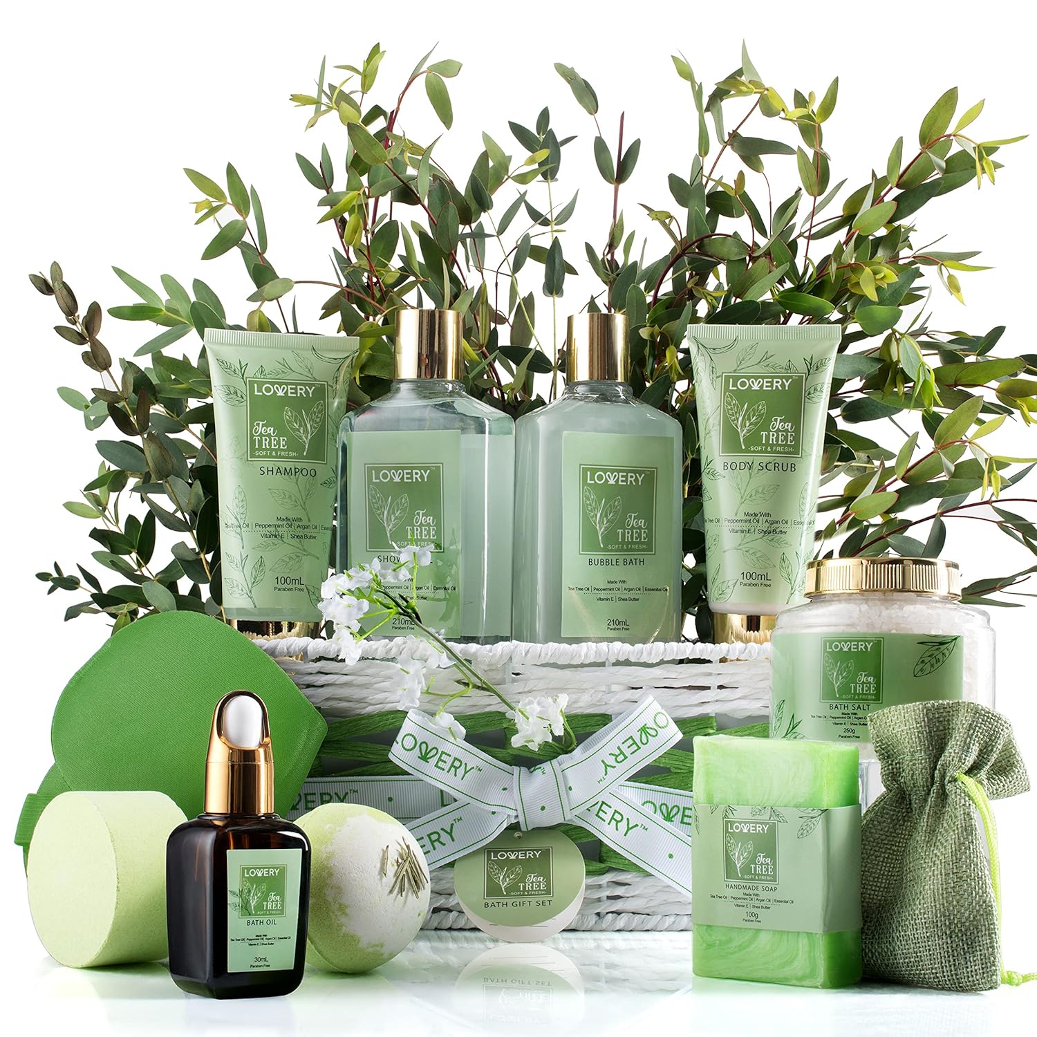 Tea Tree Bath Set - Luxury Home Spa Set with Calming Mint Fragrance – 15 pc Relaxation Gift Basket with Tea Tree Bath Oil,Shower Gel, Bubble Bath, Handmade Soap, Steamer Tablet, Potpourri & More