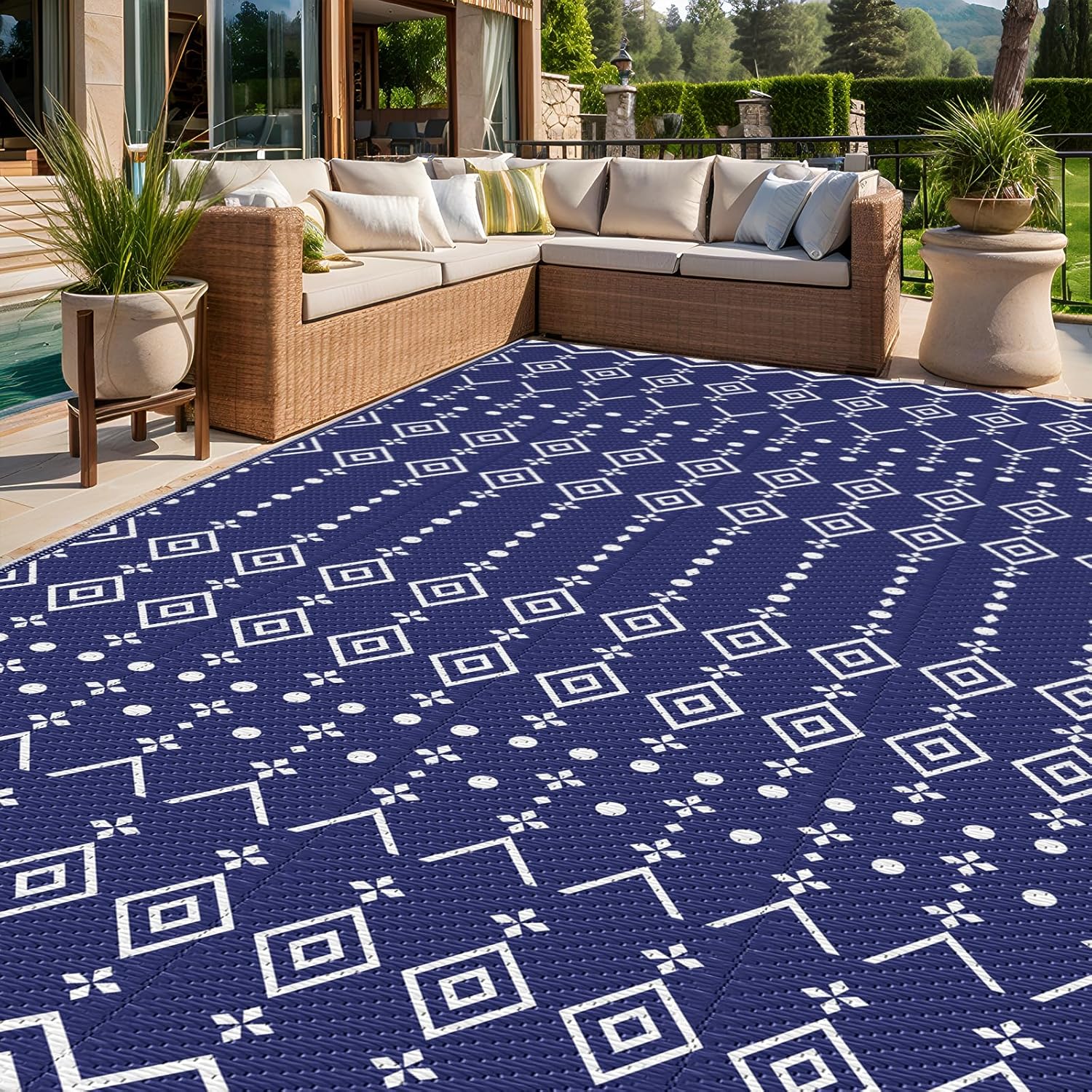 StepRite 8’ x 10’ Reversible Outdoor Rug, Waterproof Plastic Straw Rug, Patio Rug, Large Modern Area Rug Carpet, Indoor Outdoor Rugs for Camping, Porch, Deck, Balcony, Backyard, RV, Picnic(Blue)