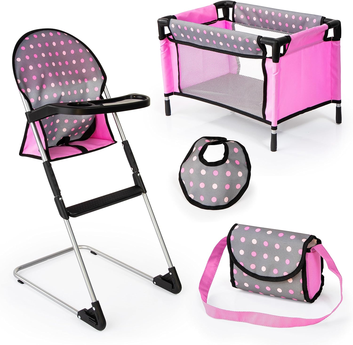 Bayer Doll High Chair/Crib Set, Grey, Pink with Dots