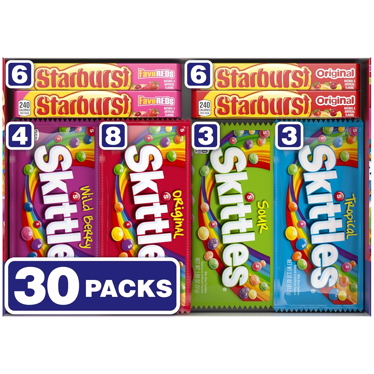 SKITTLES & STARBURST Assorted Candy Variety Pack for Holidays, Gifts, Parties, Candy Assortment, 62.79 oz (30 Count) Bulk Box