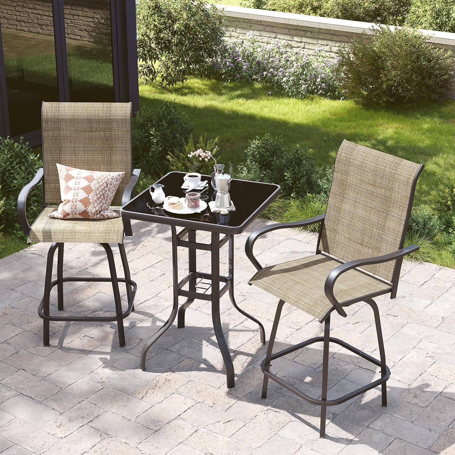 3 Pieces Patio Swivel Bar Set Bar Stools Outdoor Swivel Bar Chairs of 2 with Bar Table Textilene Bar Height Stools Set Patio Table and Chairs Set for Patio, Backyard, Lawn, Garden, Brown