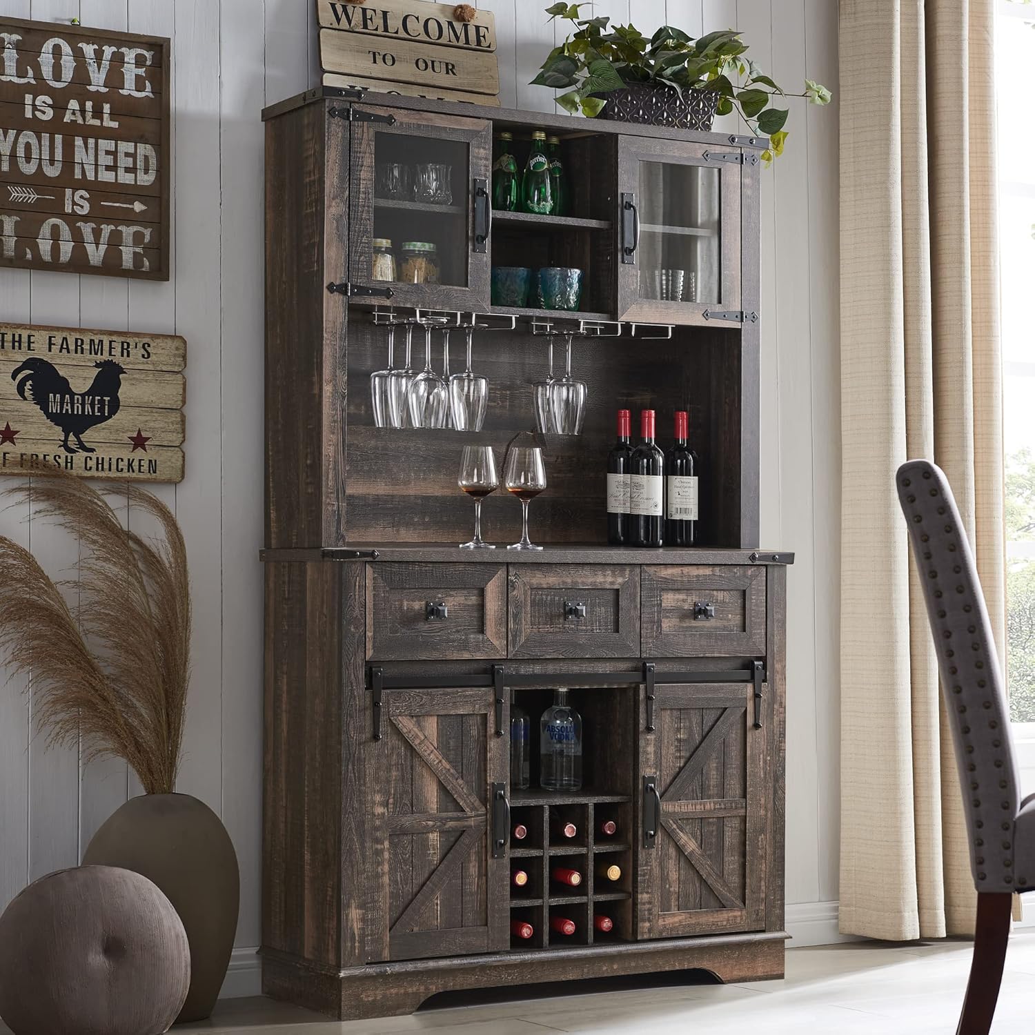 OKD 72" Farmhosue Bar Cabinet with Sliding Barn Door, Large Kitchen Buffet with Hutch w/Wine & Glasses Rack, 3 Drawers, 12 Storage Shelves, Rustic Coffee Bar Sideboard Table, Dark Rustic Oak