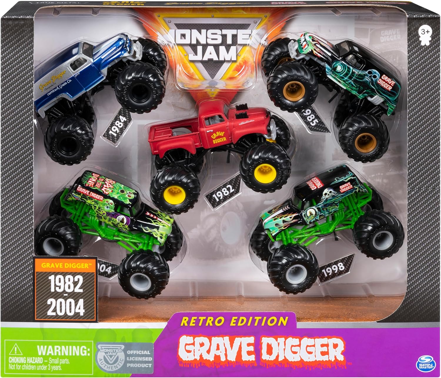Monster Jam Grave Digger Monster Truck 5pc Value Pack: 1:64 Scale Retro Die-Cast Gift Set with Iconic Models (1982-2005) Chrome Rims and BKT Tires - Authentic Collectible for Fans & Birthday Parties