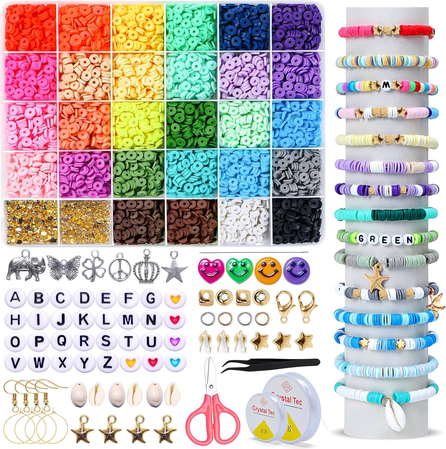 ProPinz 7000pcs Clay Beads Bracelet Making kit, 28 Colors Round Polymer Heishi Clay Bead Set with Charms and Essential Accessories, for Bracelet Necklace Earring DIY with Letter Beads for Kids