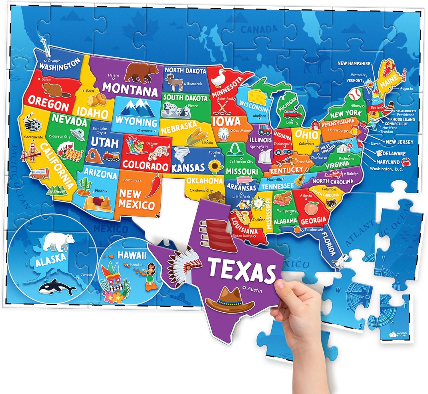 United States Puzzles for Kids Ages 4-6 - Educational Toys for 4+ Year Old Boys & Girls - 70pcs USA Map Kids Puzzle with 50 States & Capitals - Floor Jigsaw Puzzles Back to School Gifts for Children