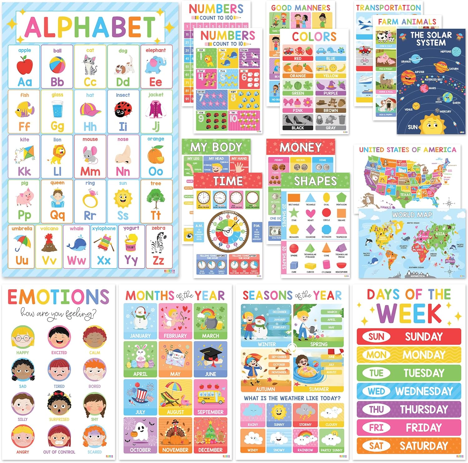 BEAWART 18 Laminated Educational Posters For Toddlers, Preschool Posters for Classroom, Kindergarten Wall Decor, PreK Learning Materials Alphabet Number Chart