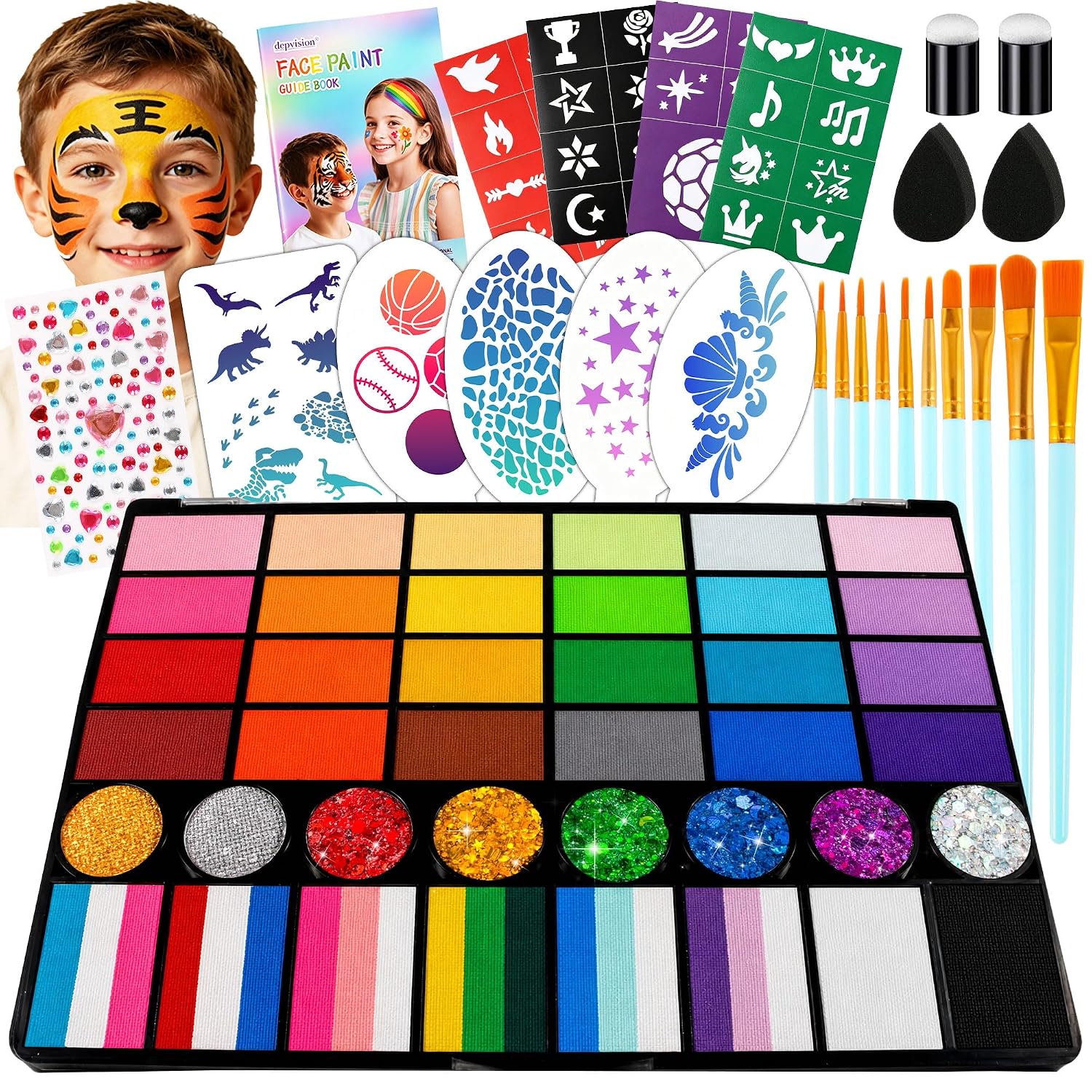 Face Painting Kit, 52 Colors Professional Face Paint Makeup Kit Non-Toxic Water Activated Facepaint Palette, brushes, sponges, stencils for party Halloween Festivals