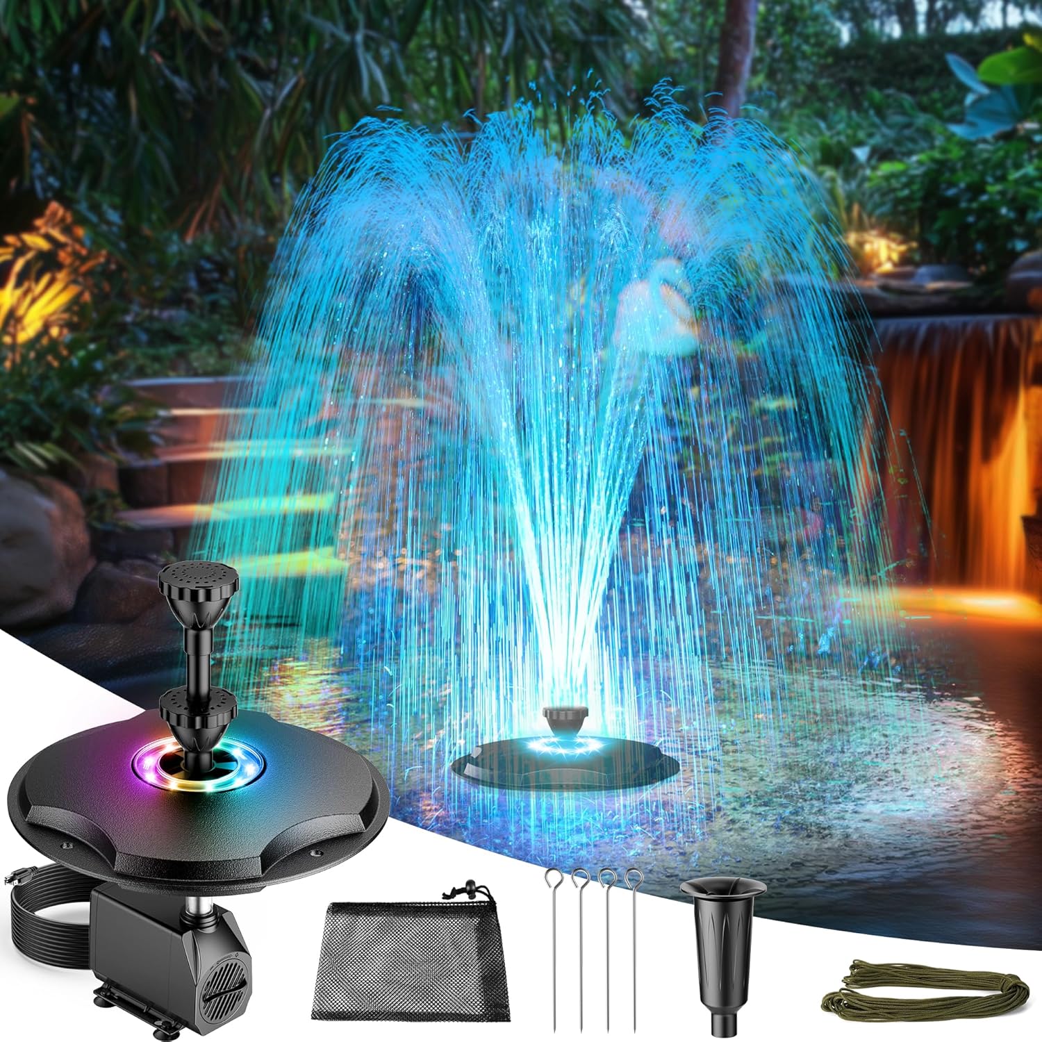 Antfraer Floating Pond Fountain with LED Lights, 40W 660GPH Pond Pump with 3 Modes Spray, Floating Fountain 27FT Power Cord & 65.6FT Mooring Line for Garden Pond and Waterfall DIY Features